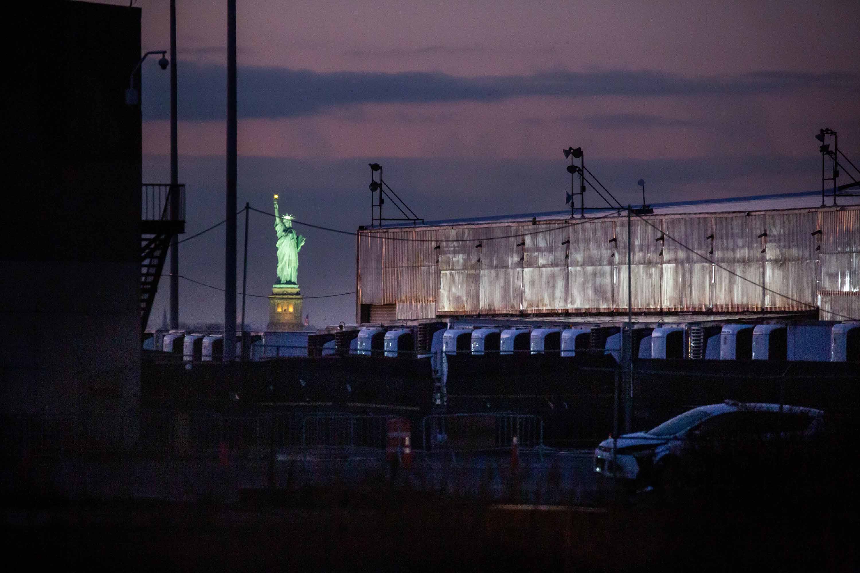 A Covid-19 disaster morgue made up of refrigerated trailers stands at the South Brooklyn Marine Terminal in New York, on December 14, 2020.