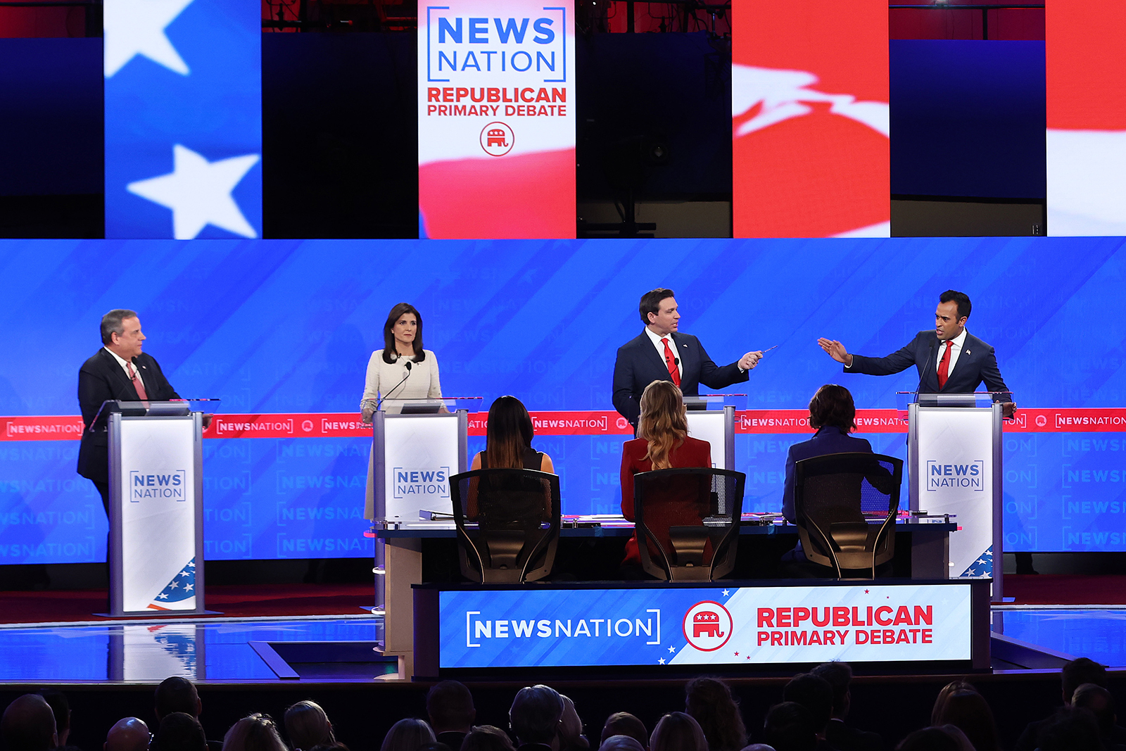 Republican presidential candidates former New Jersey Gov. Chris Christie, former South Carolina Gov. Nikki Haley, Florida Gov. Ron DeSantis and entrepreneur Vivek Ramaswamy participate in the NewsNation Republican Presidential Primary Debate at the University of Alabama Moody Music Hall on December 6 in Tuscaloosa, Alabama.