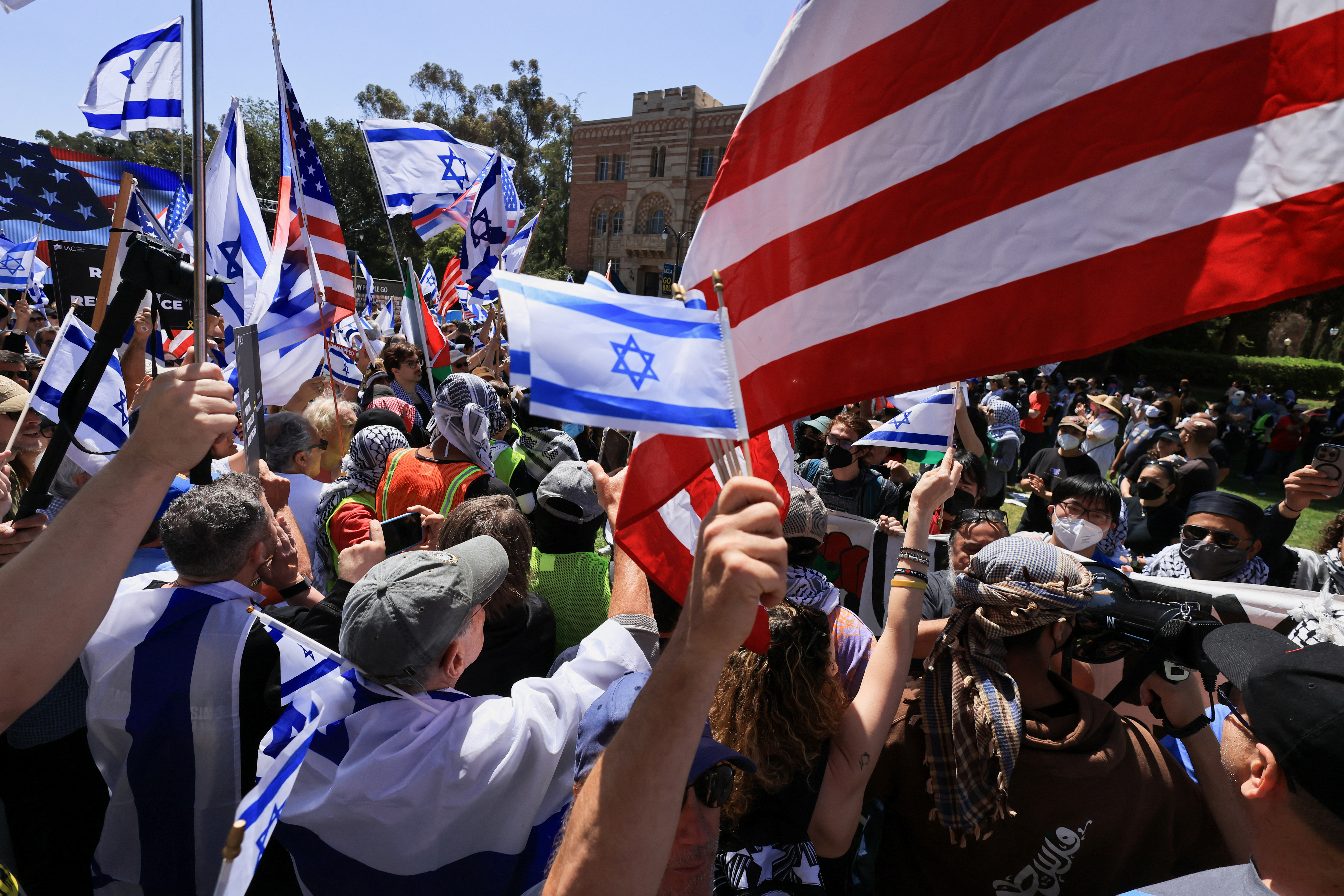 Pro-Israel counter-protesters gather during a demonstration in support of Palestinians at UCLA in Los Angeles on April 28.