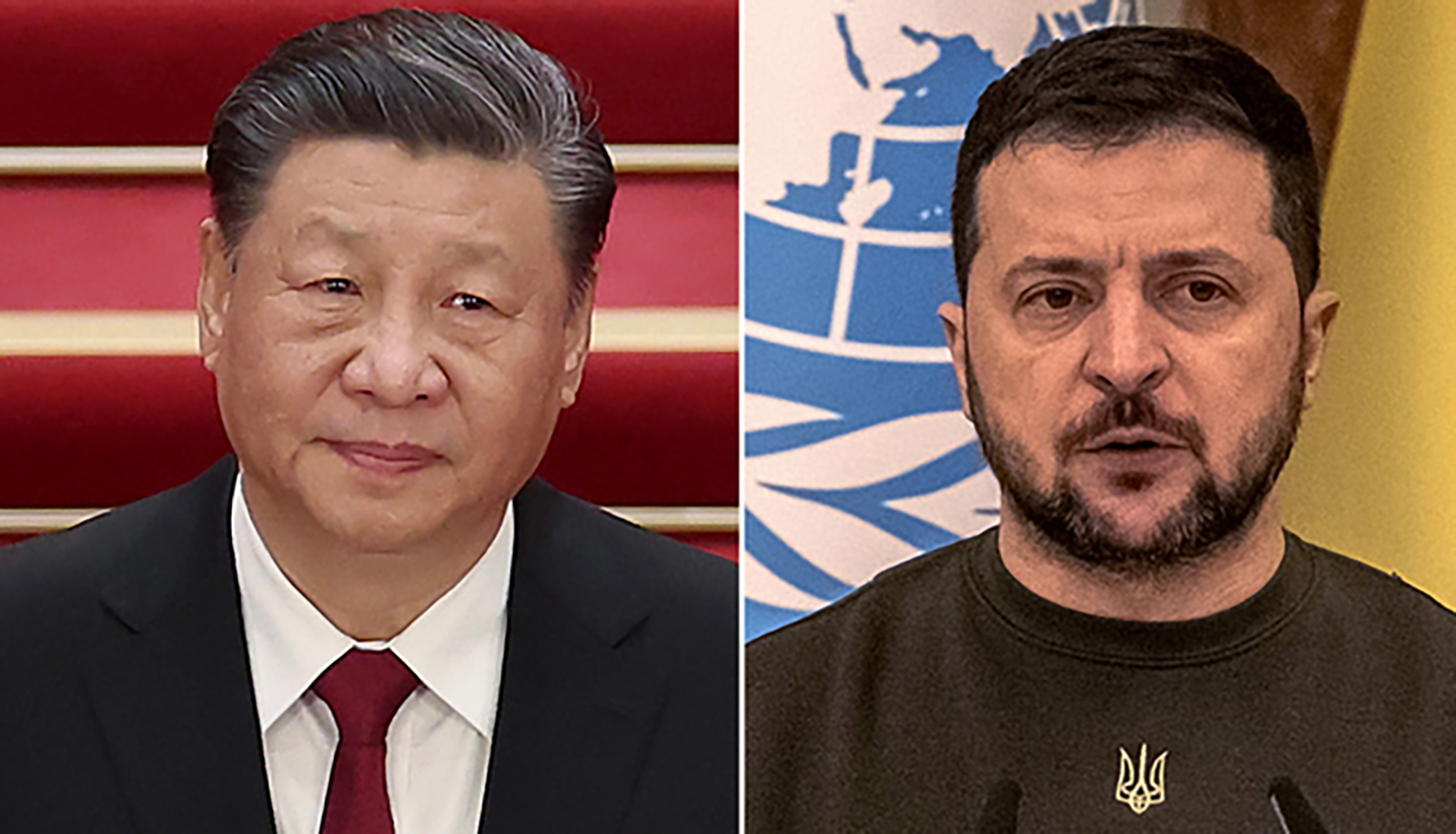 From left, Xi Jinping and Volodymyr Zelensky.