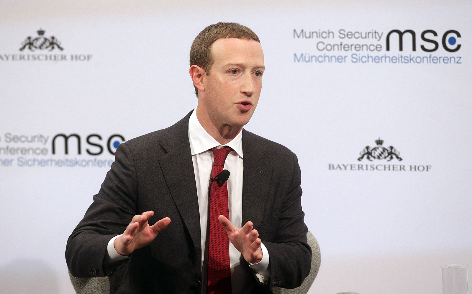 Facebook founder and CEO Mark Zuckerberg speaks during a panel talk at the 2020 Munich Security Conference on February 15, 2020 in Munich, Germany. 