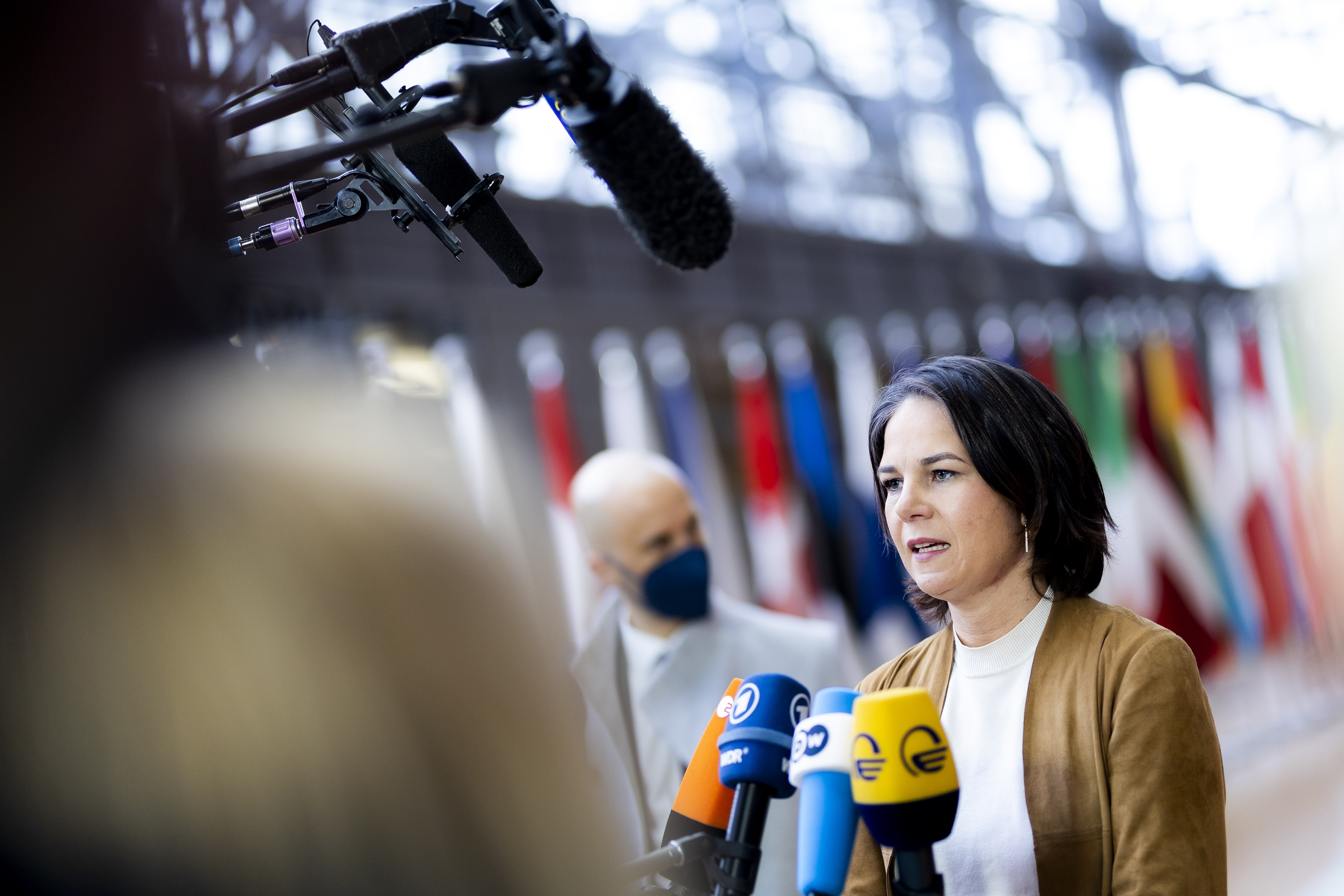 Annalena Baerbock, German Foreign Minister, speaks to the media before the special meeting of the Foreign Affairs Council on February 25 in Brussels, Belgium. 