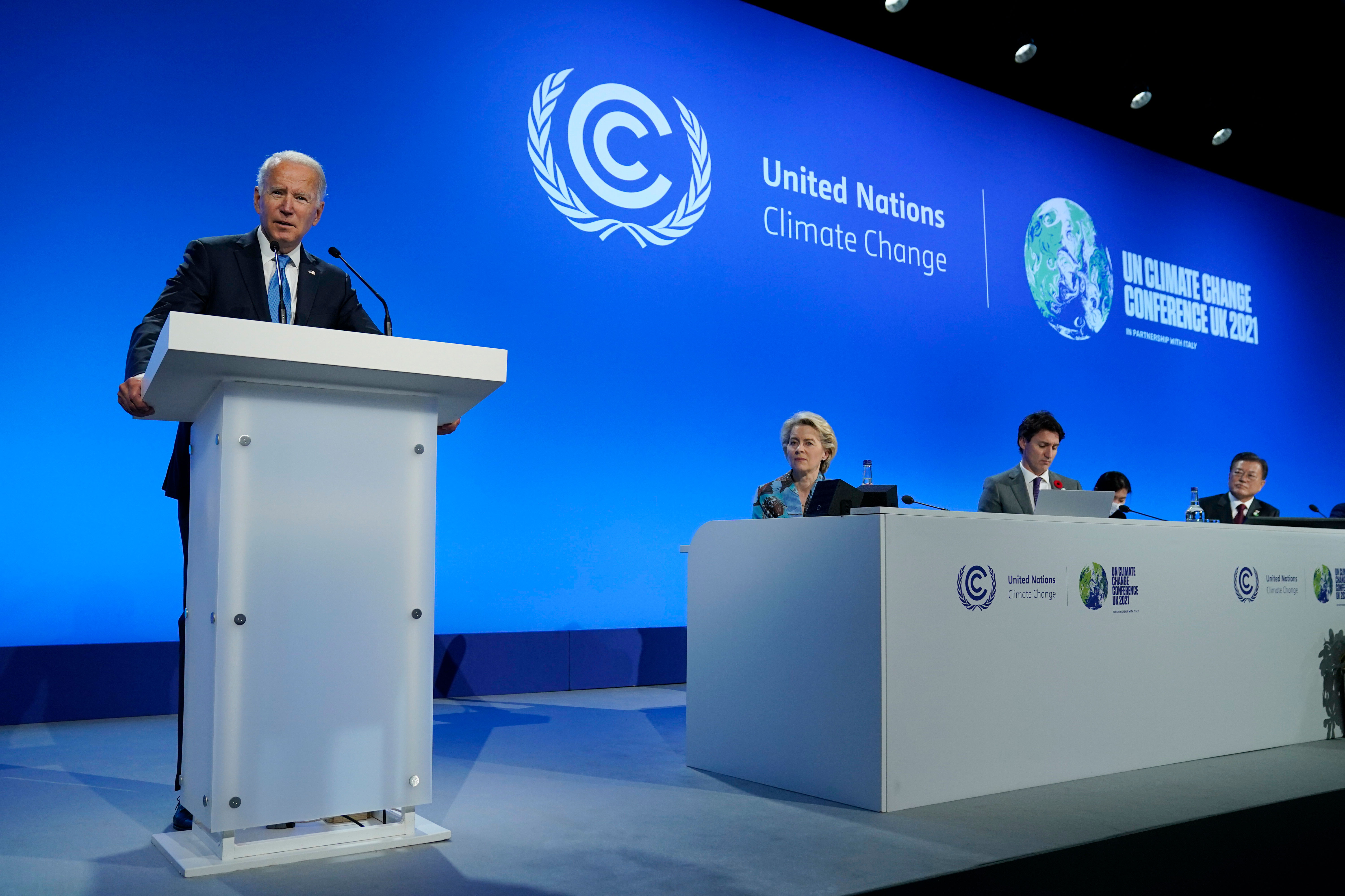 US President Joe Biden speaks during an event at COP26 in Glasgow, Scotland, on November 2.