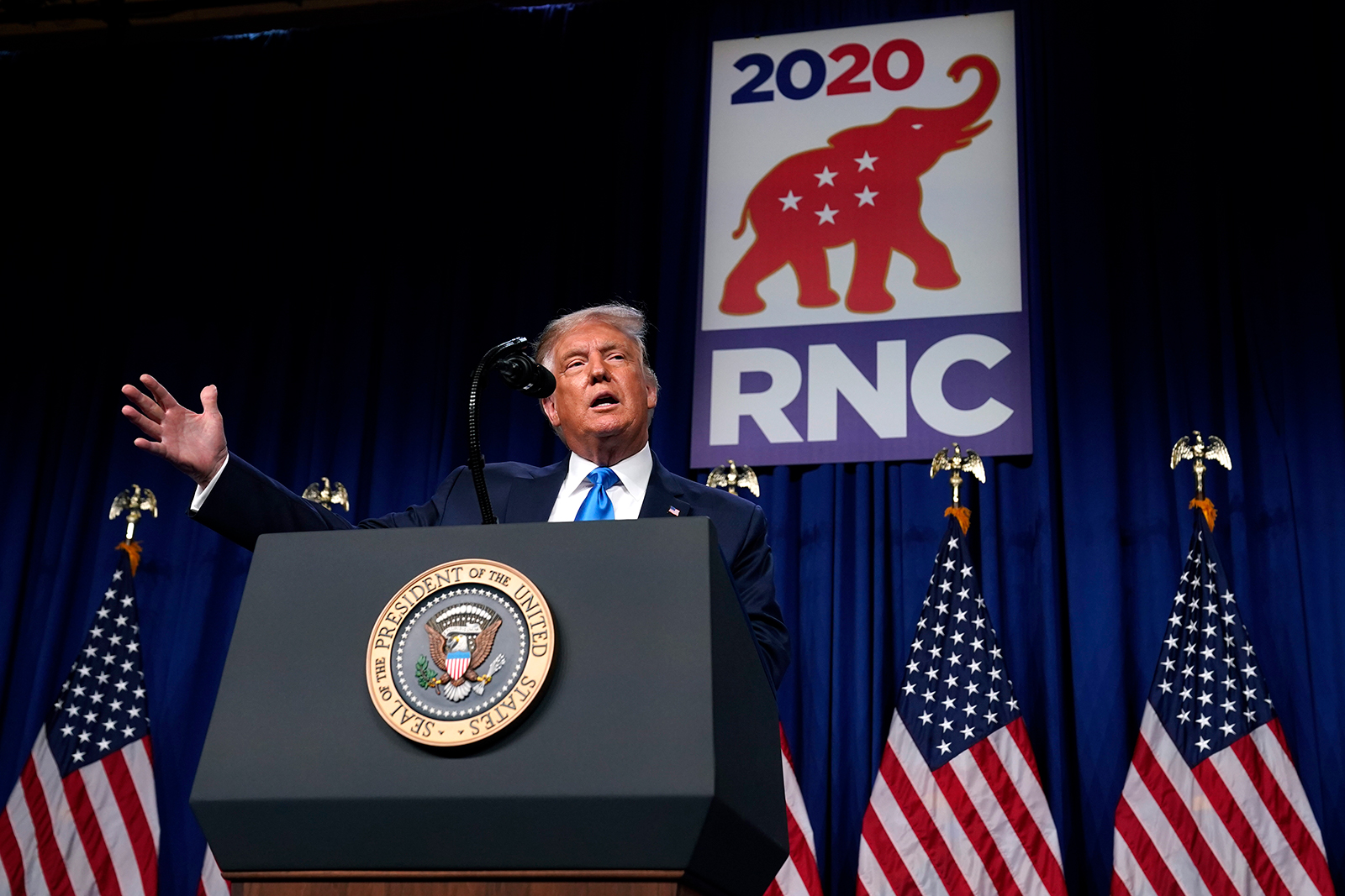 President Donald Trump speaks at the Republican National Committee convention site, on Monday, August 24, in Charlotte.