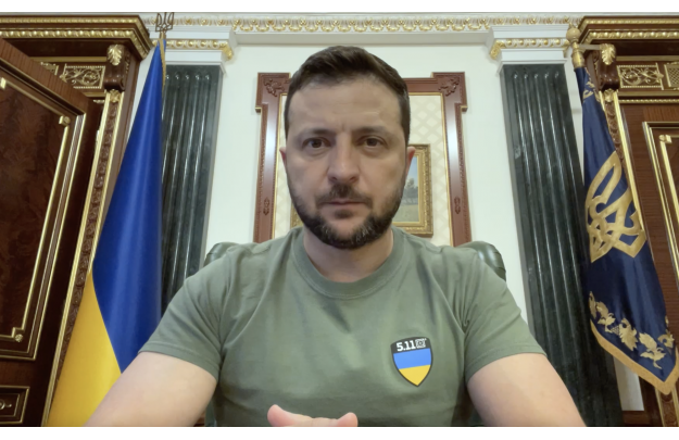 Ukrainian President Volodymyr Zelensky delivers his nightly televised address to the nation from his office in Kyiv, Ukraine, on July 4.