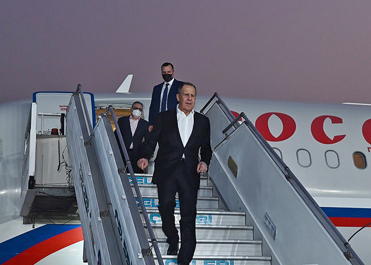 Russian Foreign Minister Sergei Lavrov arrives in New Delhi, India, on Thursday March 3.