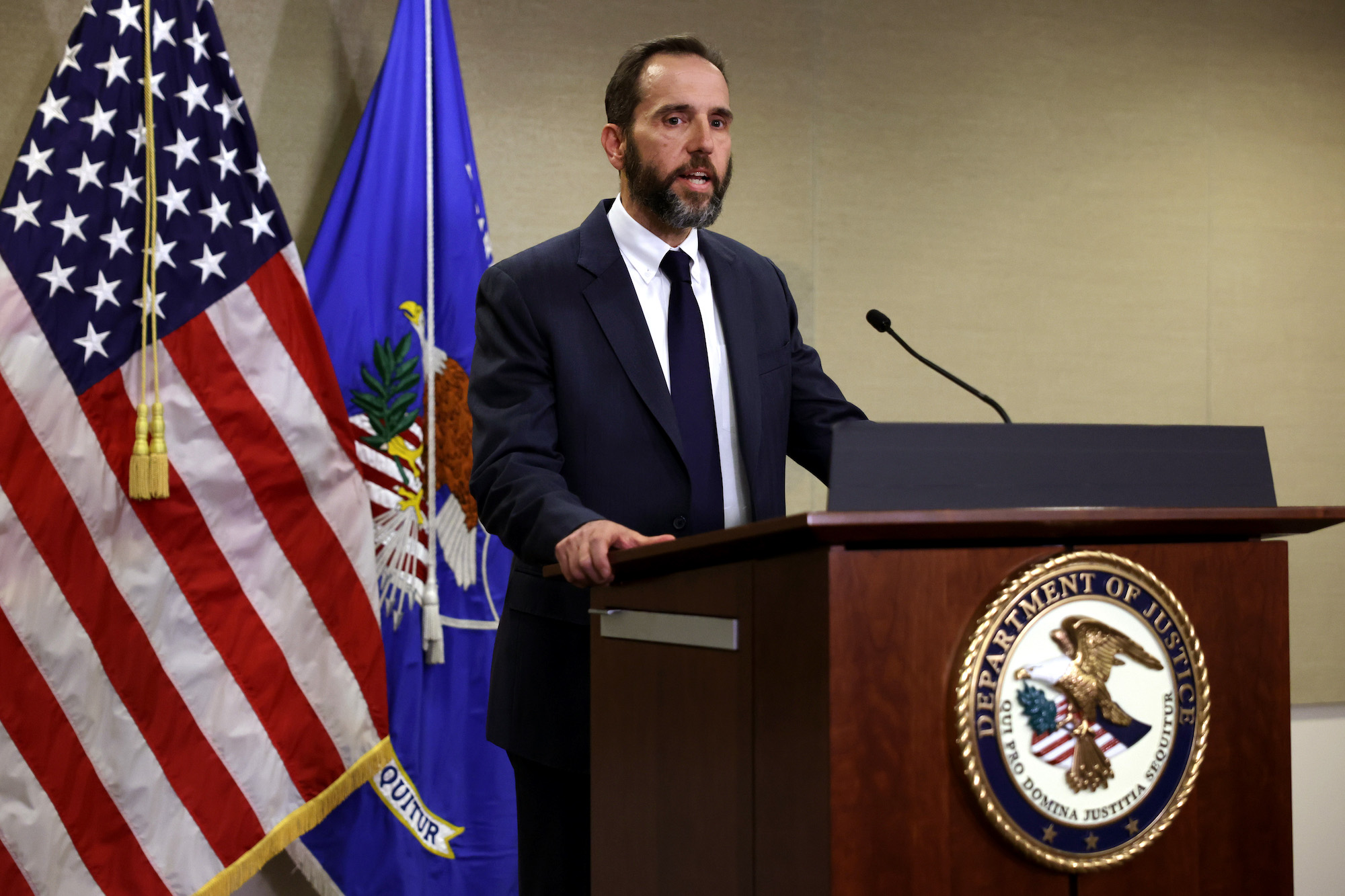 Special Counsel Jack Smith delivers remarks on the unsealed indictment against Donald Trump at the Justice Department on Friday.