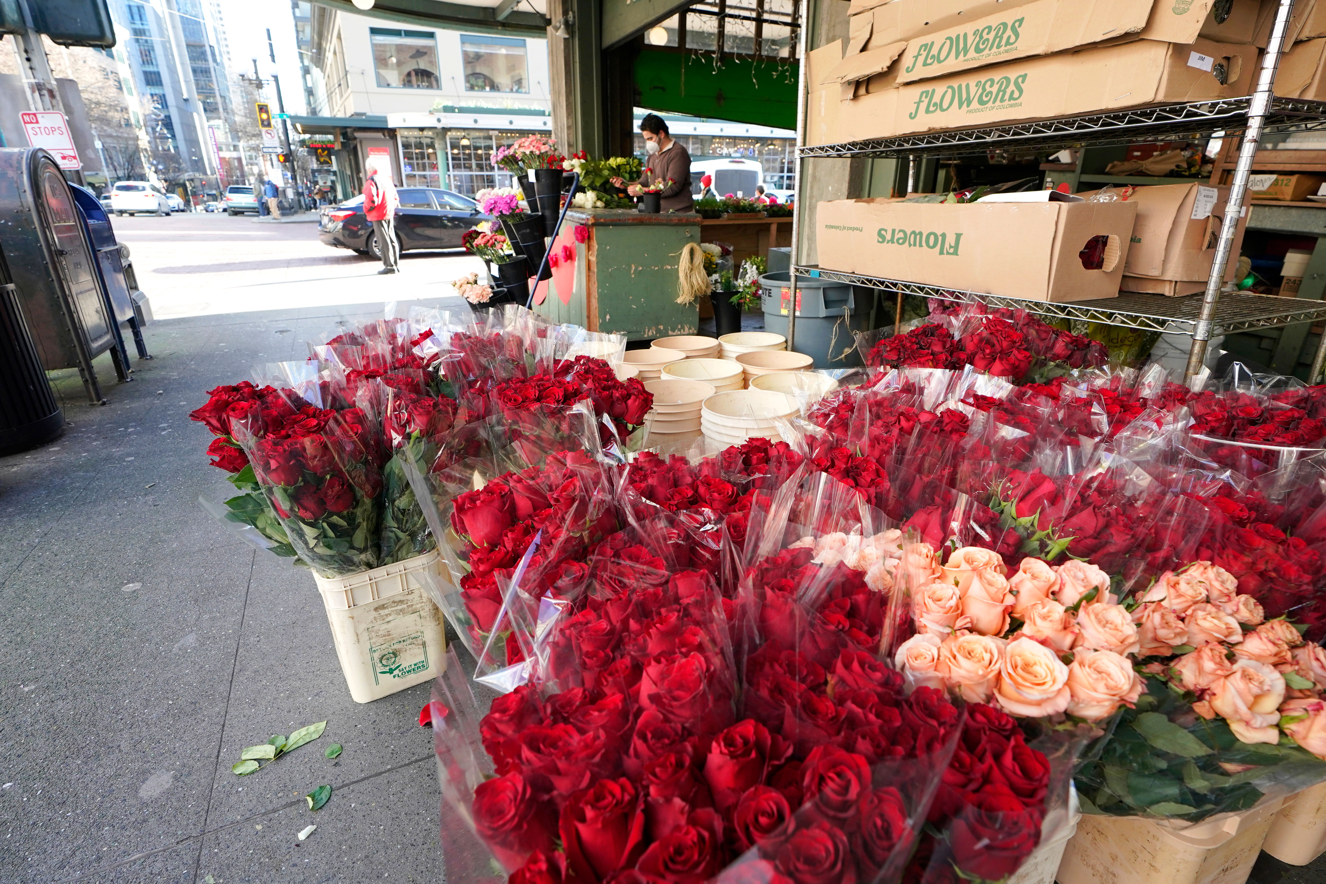 Pike Place Flowers in Seattle on February 9. Workers at the shop are preparing for Valentine's Day.