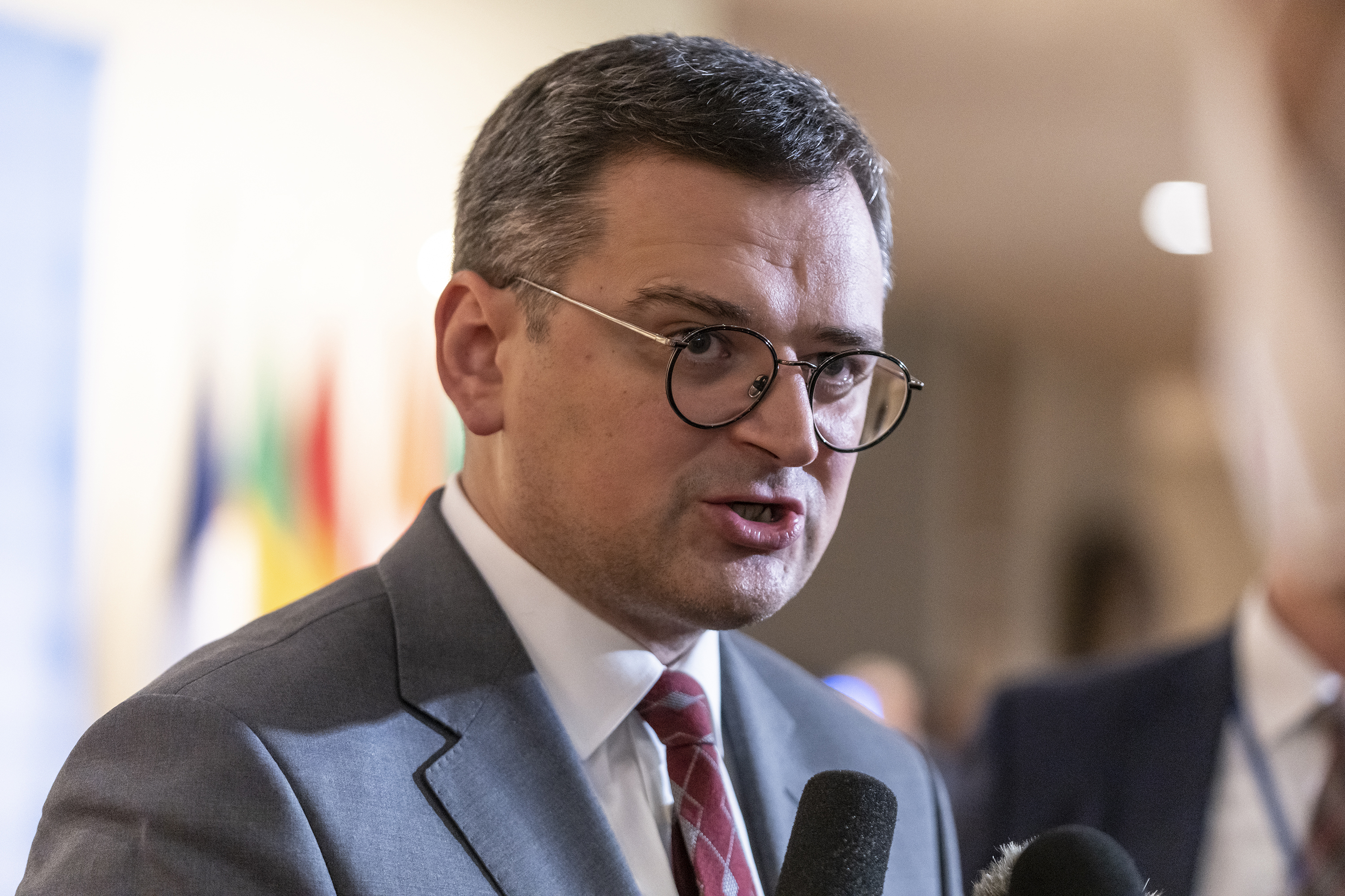 Ukrainian Foreign Minister Dmytro Kuleba speaks at a press conference after Security Council meeting at UN headquarters in New York, on September 22.