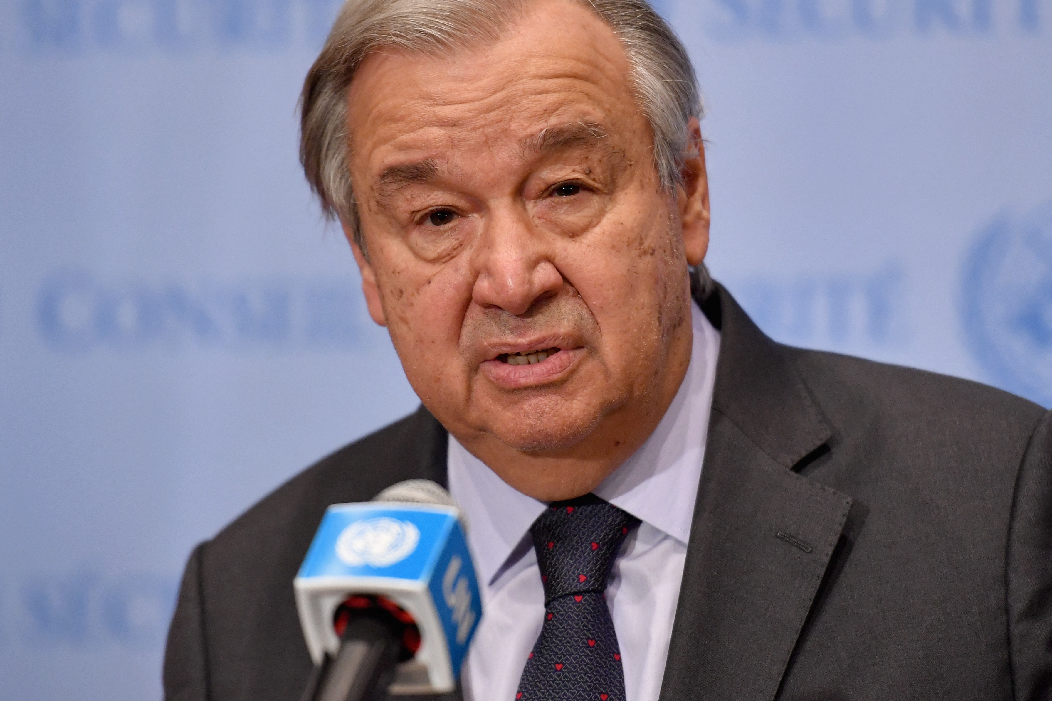 UN Secretary-General António Guterres speaks during a press conference at the United Nations headquarters in New York City on February 22.