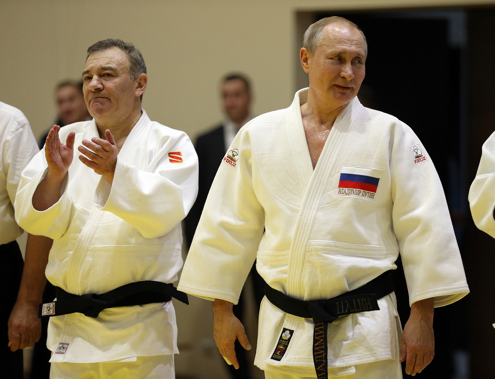 Arkady Rotenberg (L) and Russian President Vladimir Putin attend judo training at Yug Sport complex on February 14, 2019 in Sochi, Russia. 