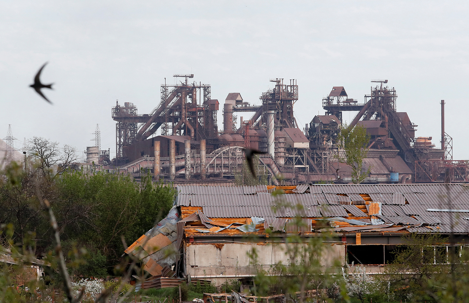 Birds fly near a plant of Azovstal Iron and Steel Works during Ukraine-Russia conflict in the southern port city of Mariupol, Ukraine on April 29.