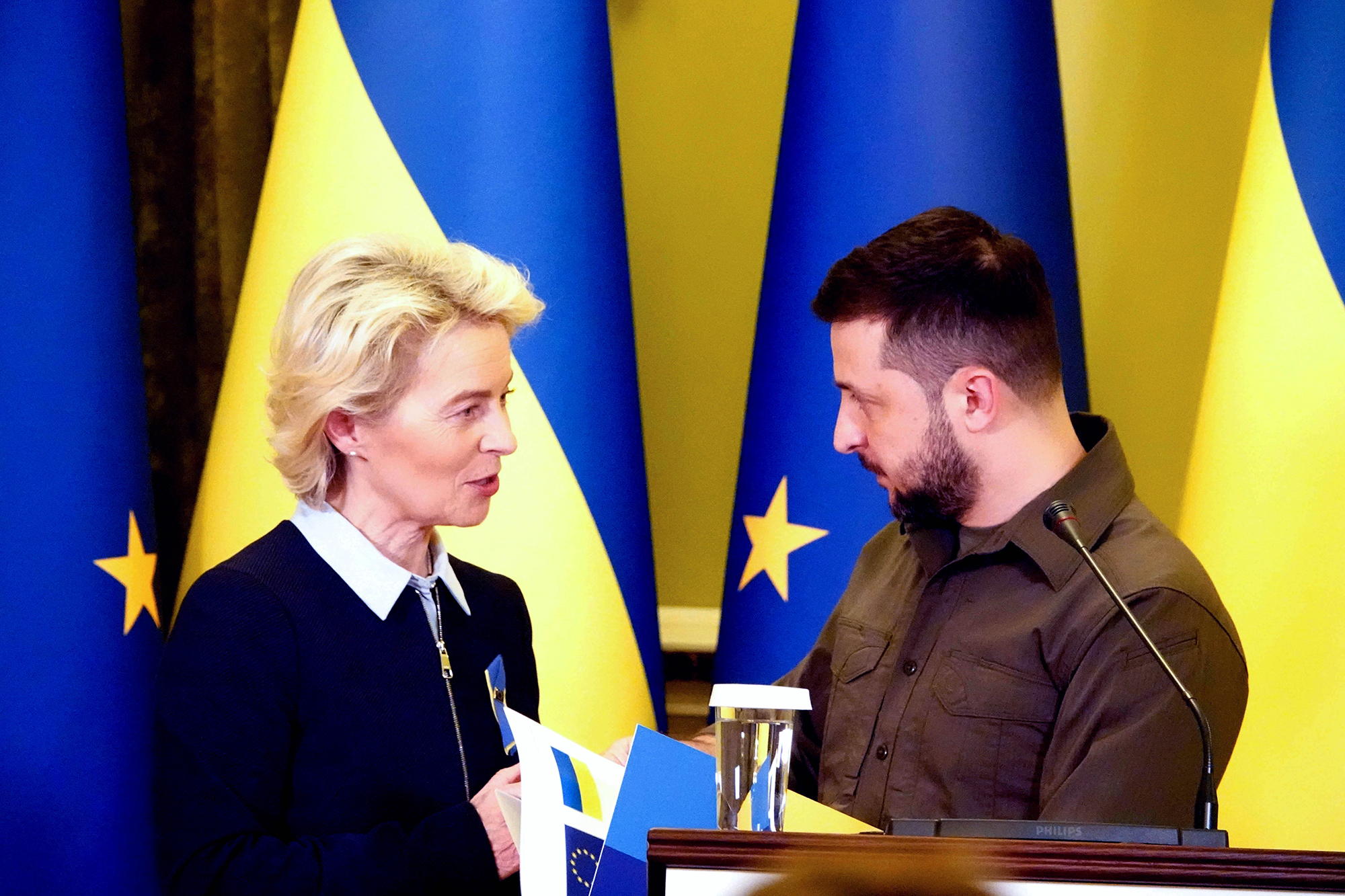 European Commission President Ursula von der Leyen and Ukrainian President Volodymyr Zelensky speak during a press conference in Kyiv, Ukraine, on Friday, April 8.