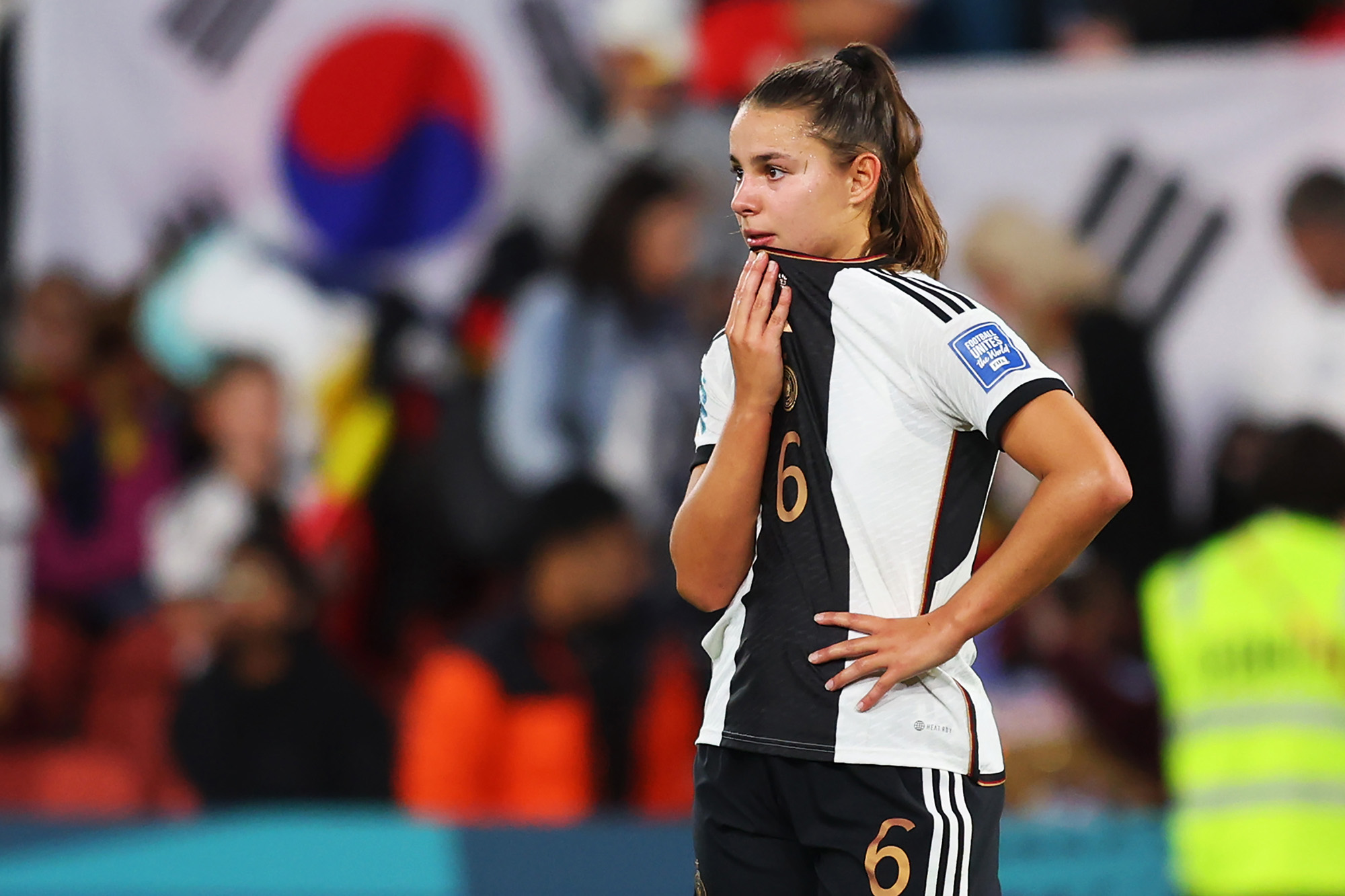 Lena Oberdorf of Germany looks dejected after the team's elimination from the tournament during the FIFA Women's World Cup Australia & New Zealand 2023 Group H match between South Korea and Germany at Brisbane Stadium on August 3, in Brisbane, Australia. 