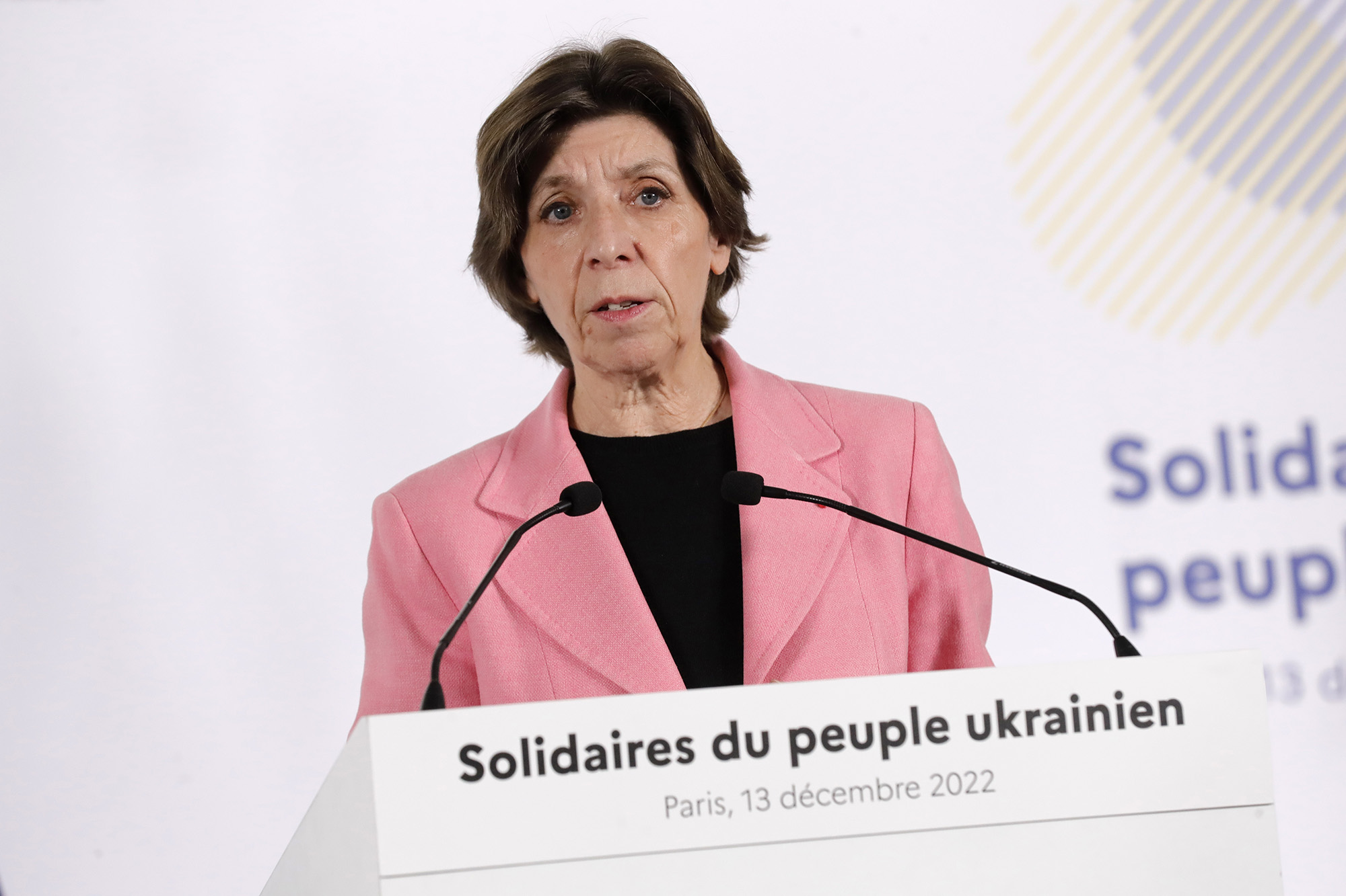 French Minister of Europe and Foreign Affairs Catherine Colonna attends a press conference after the 'Conference in solidarity with the Ukrainian people' in Paris, France, on December 13.
