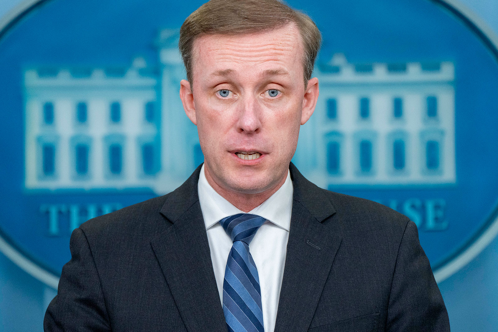 White House national security adviser Jake Sullivan speaks to the media in the briefing room of the White House on September 5, 2023, in Washington.