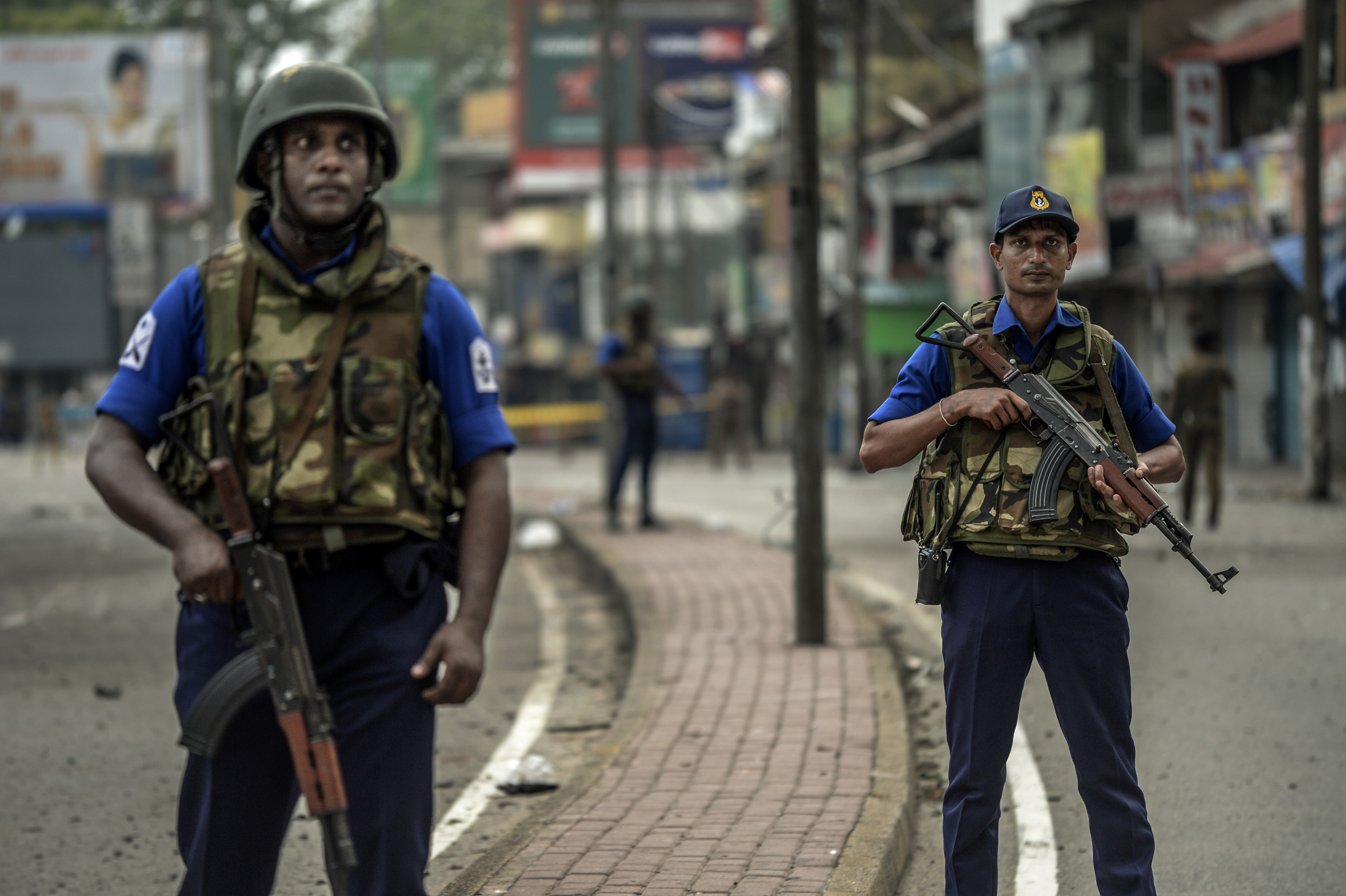 Sri Lankan security personnel on high alert on the evening of April 23 in Colombo, Sri Lanka. 