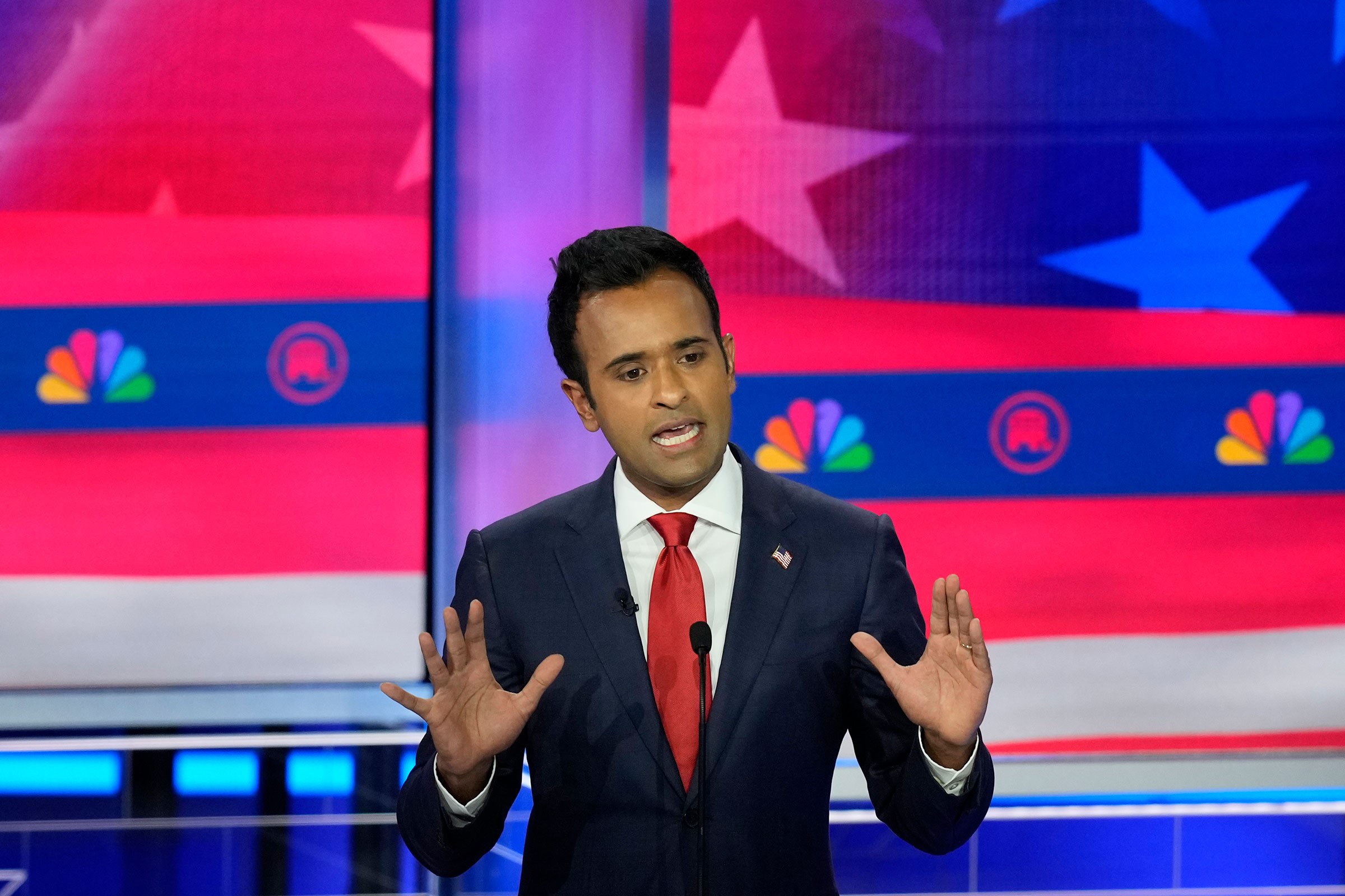 Entrepreneur Vivek Ramaswamy speaks during a Republican presidential primary debate hosted by NBC News on Wednesday in Miami.