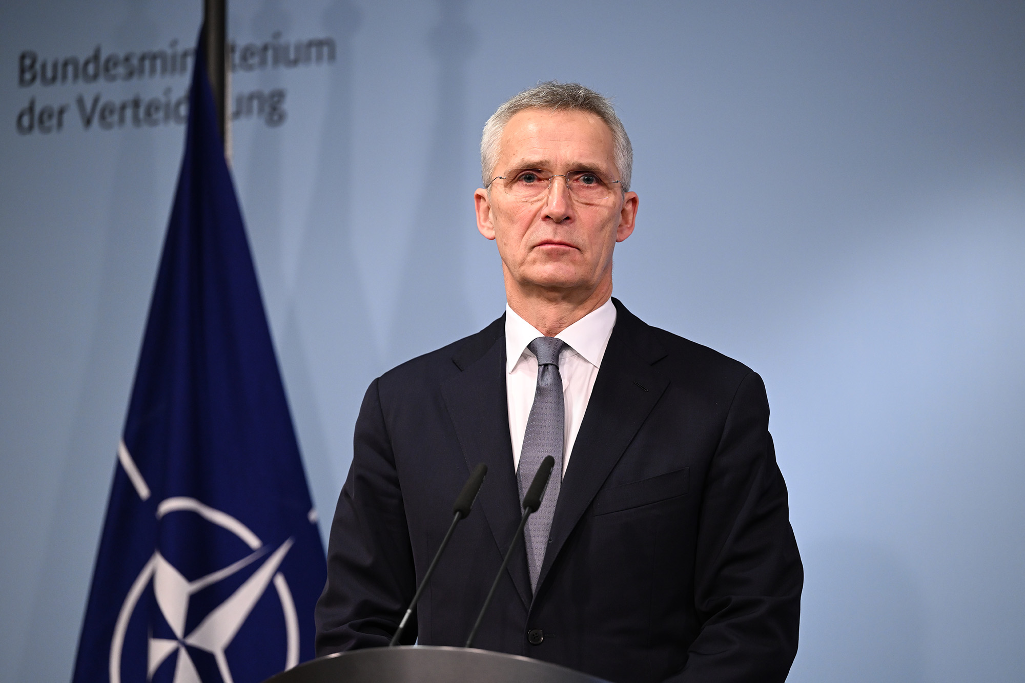 NATO Secretary General Jens Stoltenberg attends a joint press conference at the Defense Ministry in Berlin, Germany, on January 24.