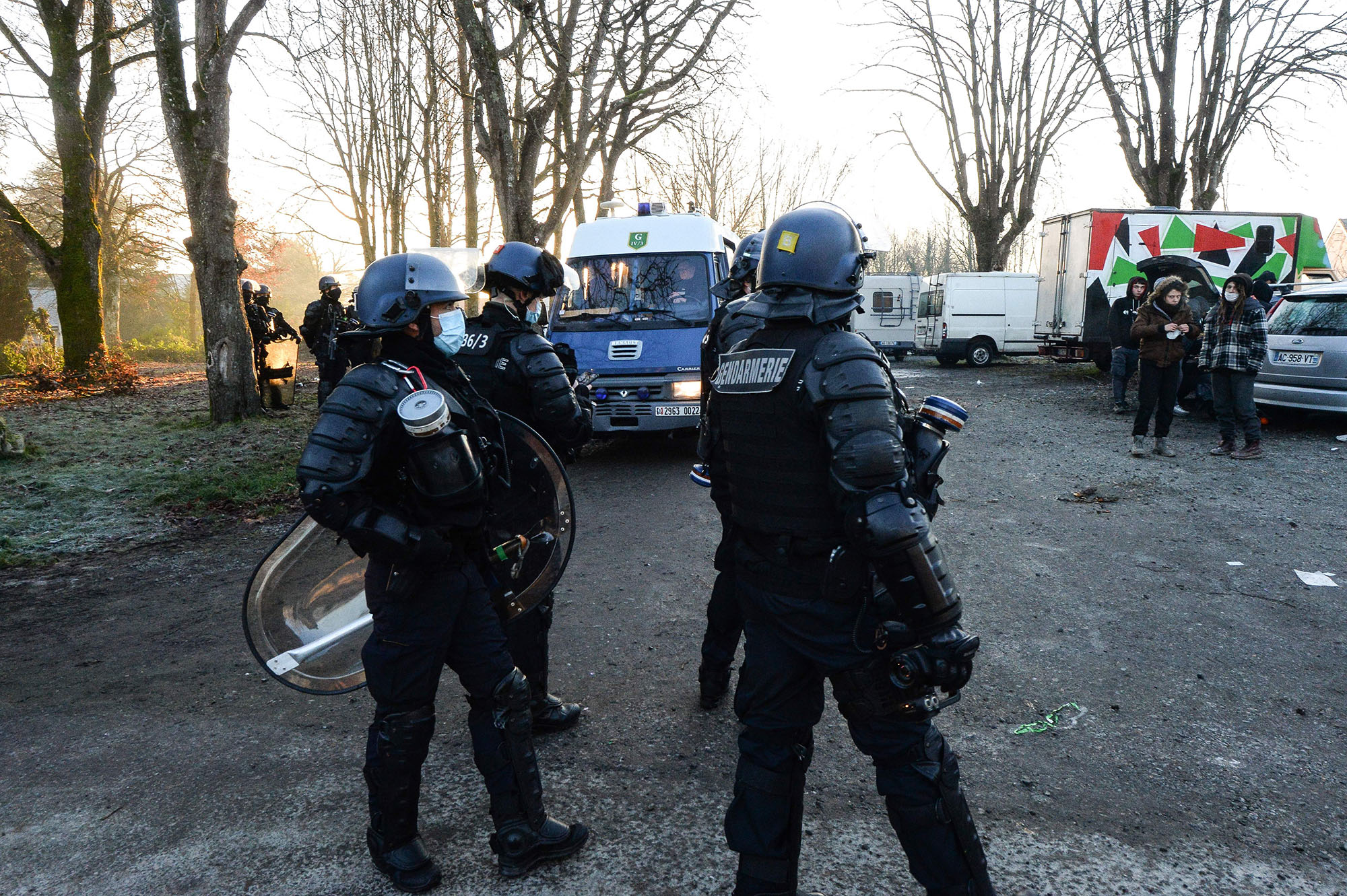 French Gendarmes break up a rave by the French authorities near a disused hangar in Lieuron, France, on January 2, 2021. 