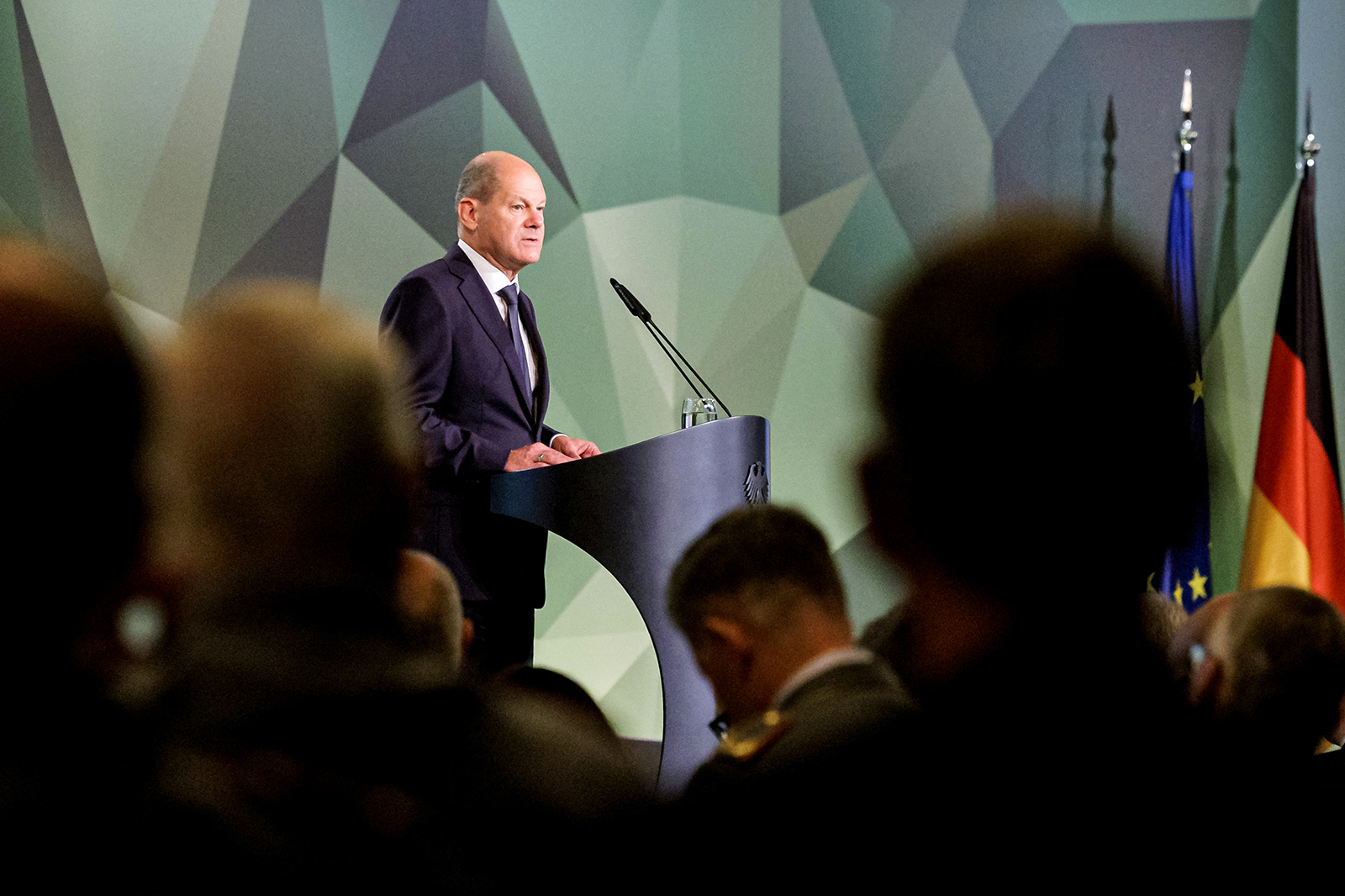 German Chancellor Olaf Scholz addresses a conference of the German Armed Forces Bundeswehr in Berlin on Friday.