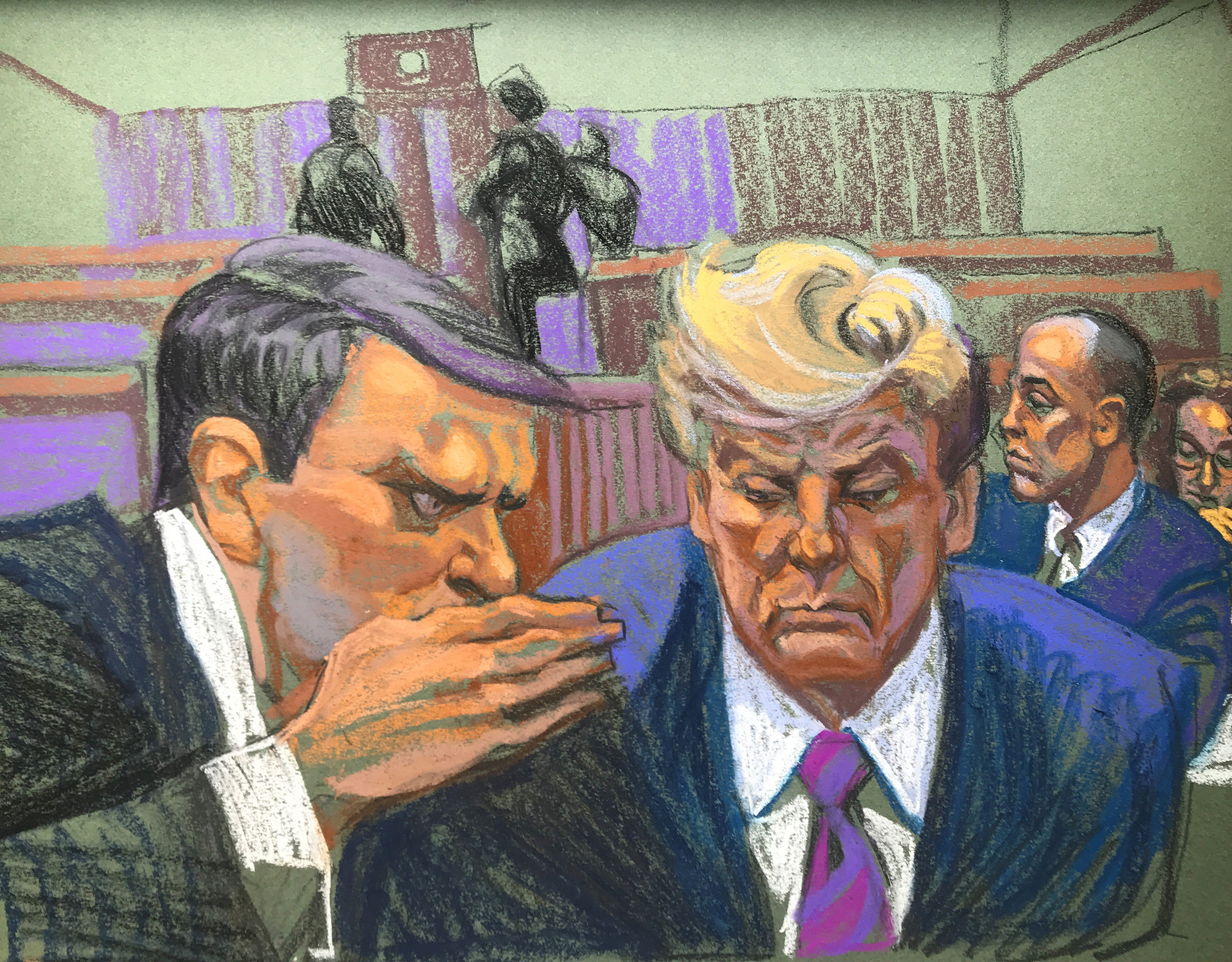 Former President Donald Trump, right, speaks with his attorney Todd Blanche in court on April 19 in New York. Trump's attorney Emil Bove is seen in the distance.