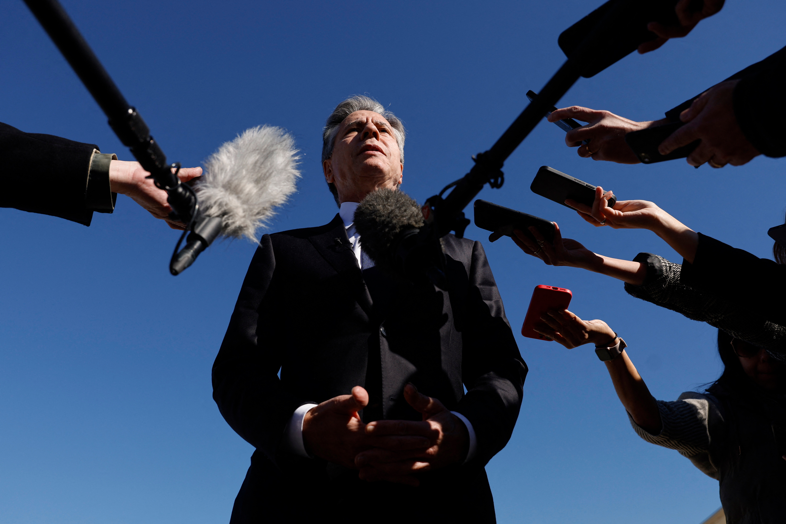 Antony Blinken talks to reporters prior to boarding his aircraft at Joint Base Andrews in Maryland, on November 2.