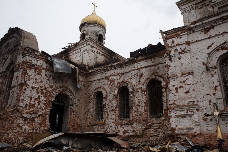 An exterior view of a destroyed church on April 10,  in Lukashivka village, Ukraine. 