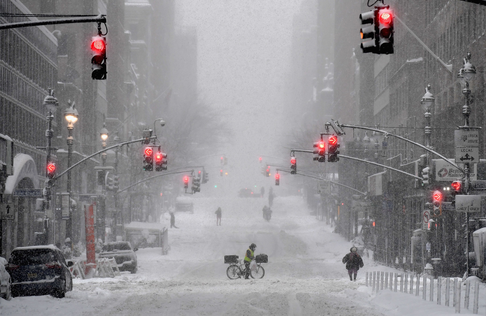 A street is covered by snow in midtown during a winter storm on February 1 in New York City. 