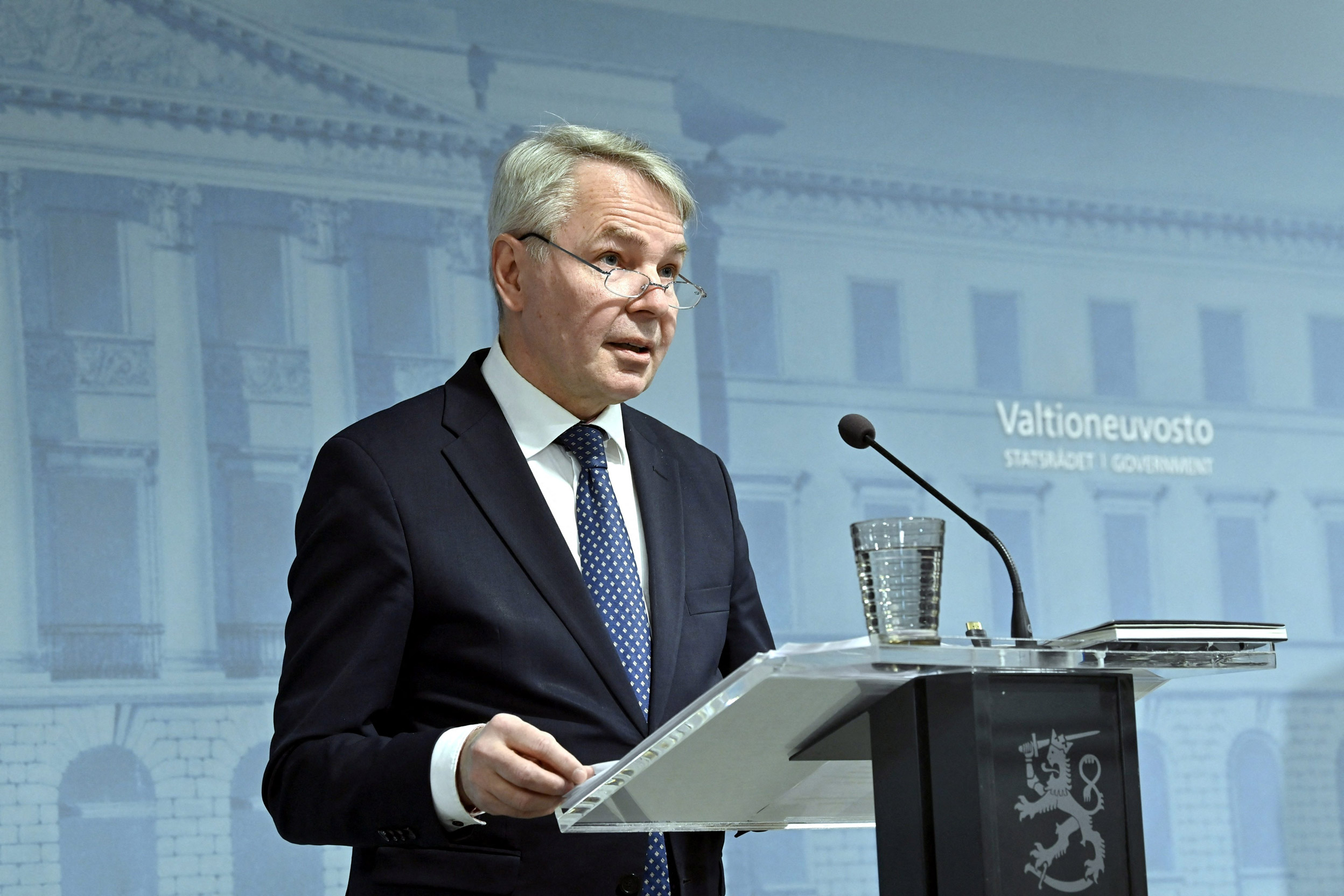 Finland's Foreign Minister Pekka Haavisto  present the report on changes in the foreign and security policy of Finland, in Helsinki on Wednesday.