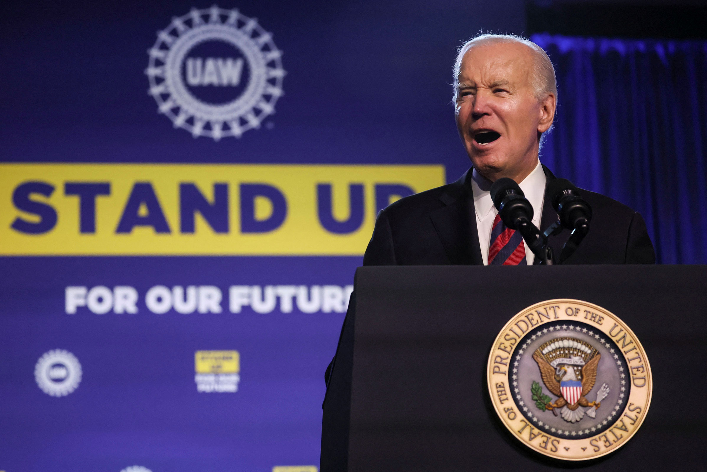 Biden speaks to United Auto Workers members at the UAW's Community Action Program legislative conference in Washington, DC, on Wednesday.