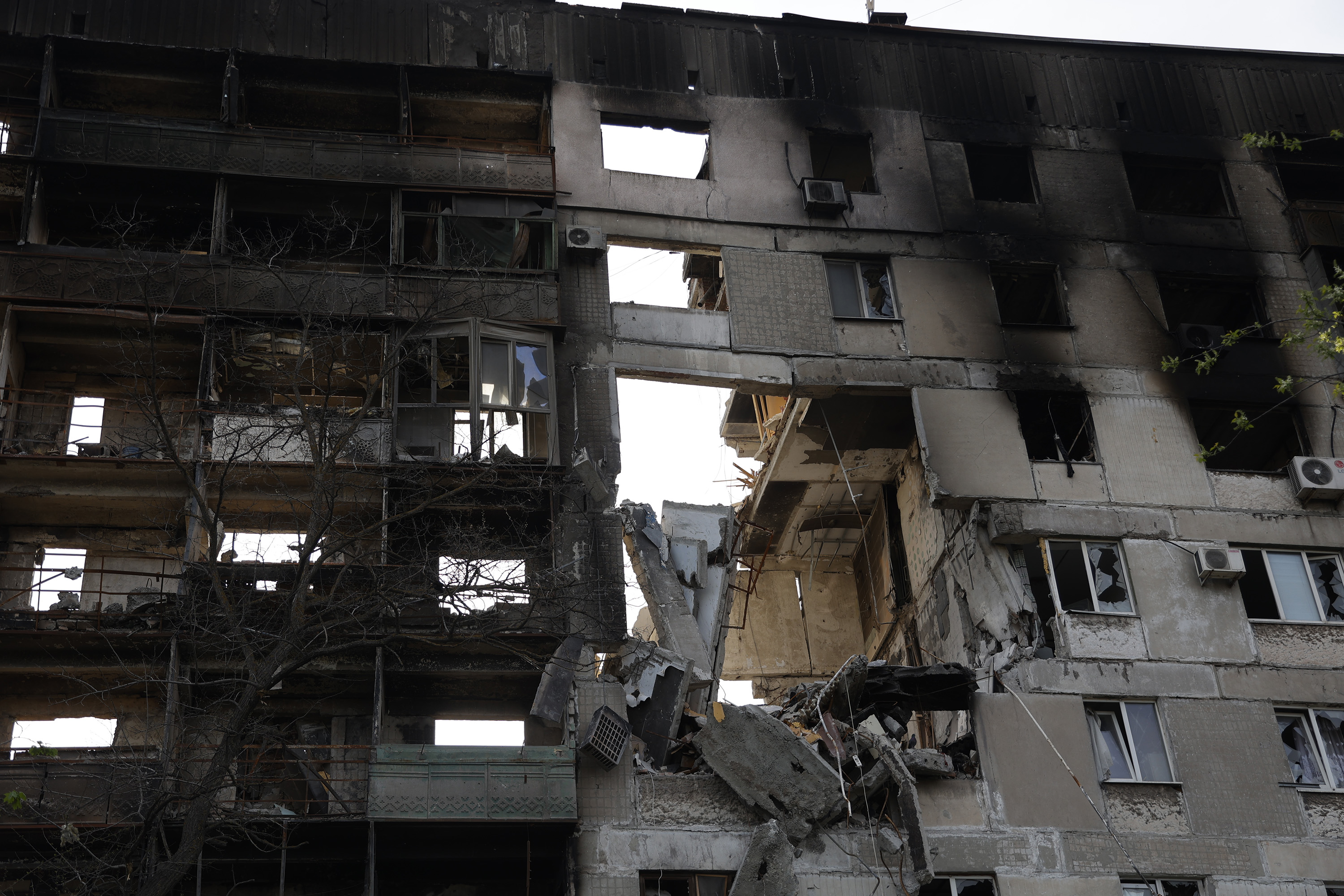 A view of a heavily damaged building in Ukrainian city of Mariupol under the control of Russian military and pro-Russian separatists, on April 29, 2022. 