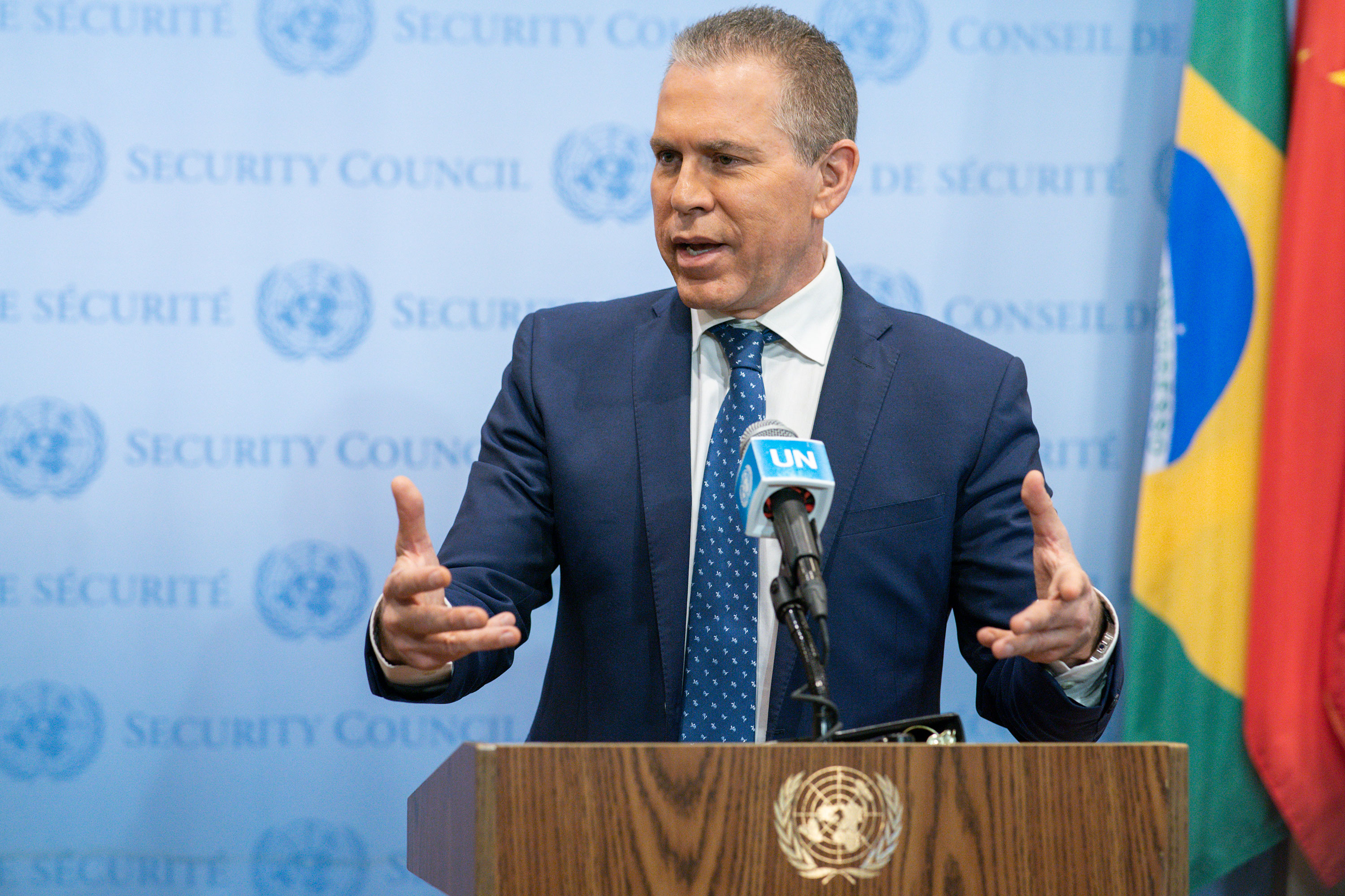 Israel's Ambassador to the United Nations Gilad Erdan speaks to reporters in New York on Sunday, October 8. 