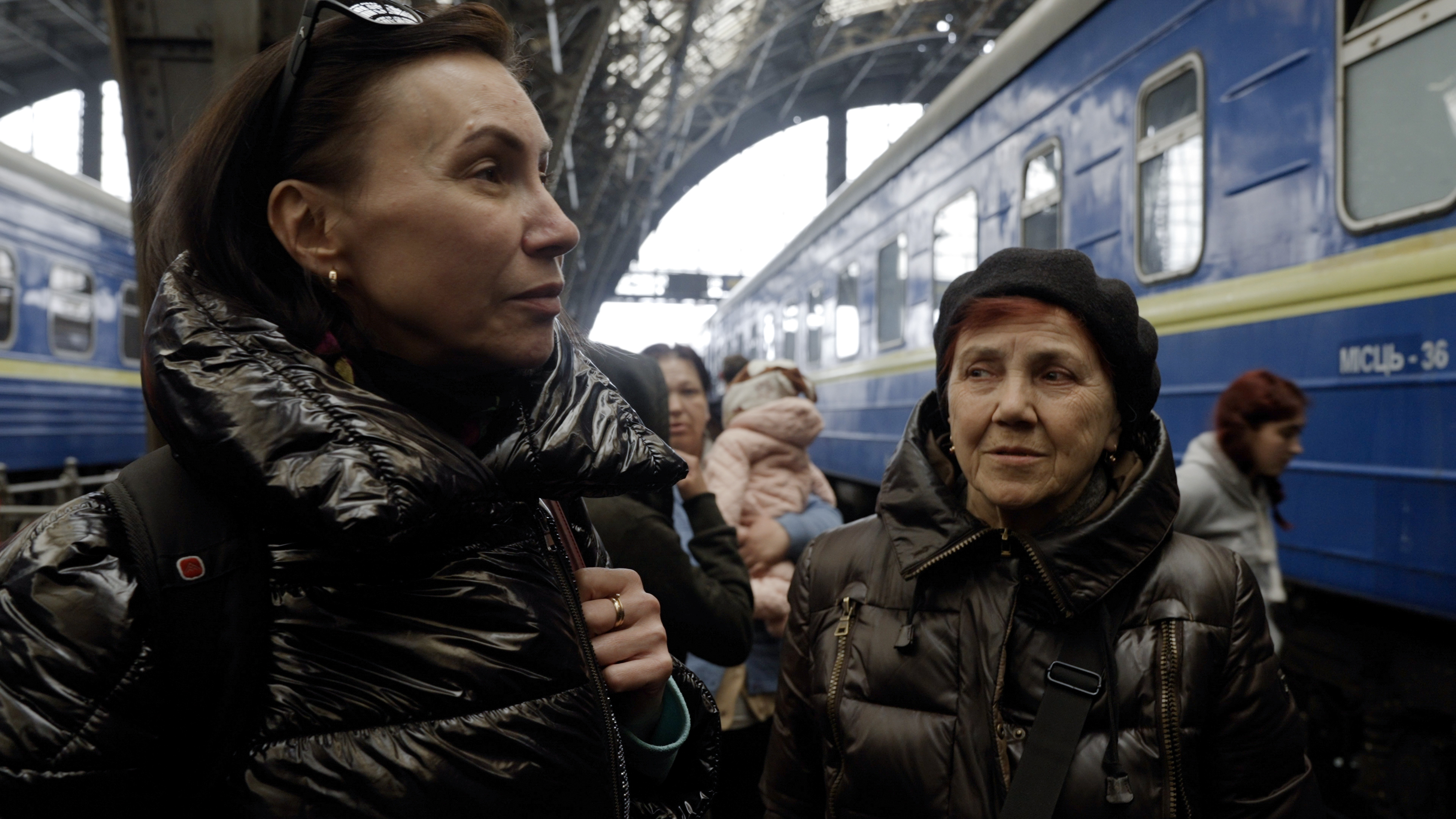 Polina Kazantseva and her daughter, Iryna Chelakhova, in Lviv’s train station, on Friday.