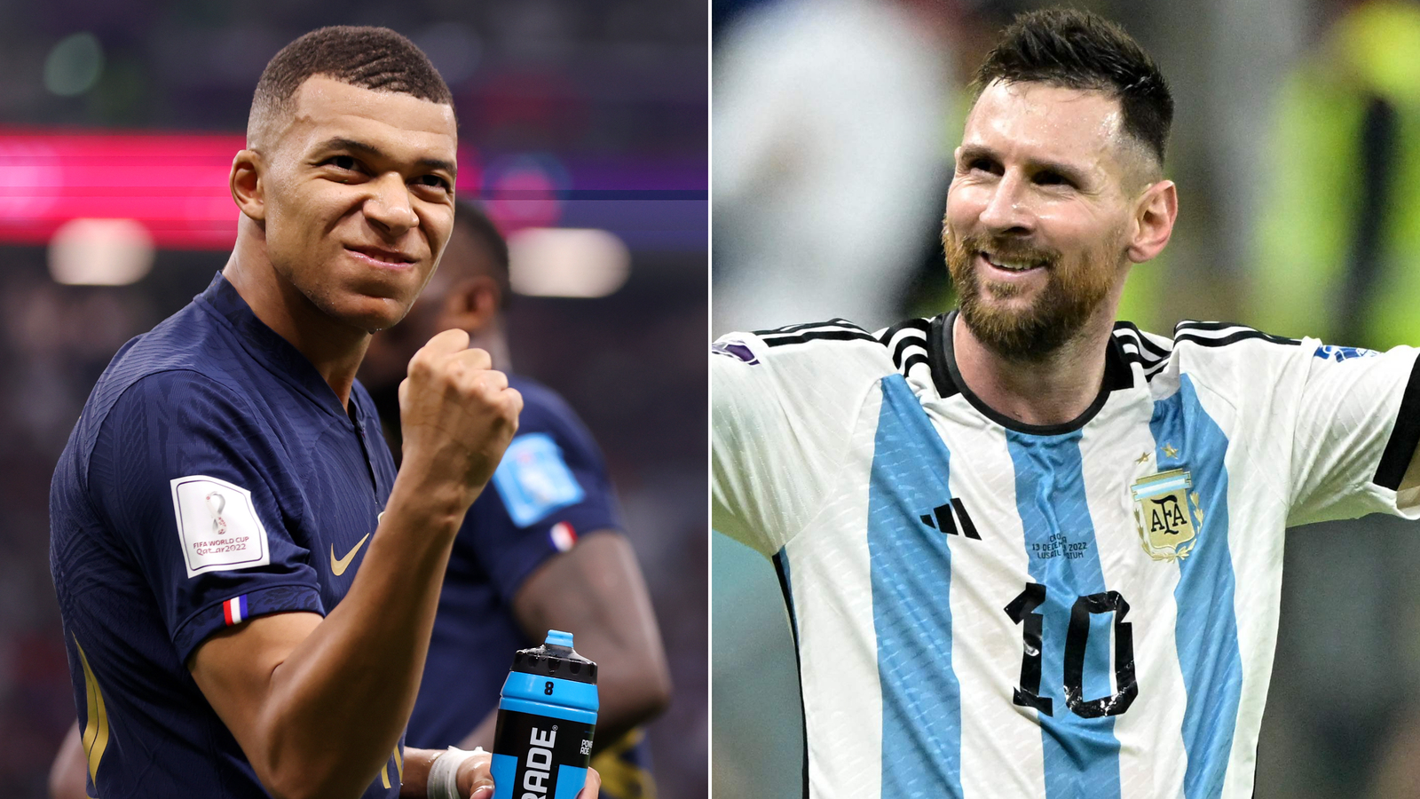 France's Kylian Mbappé, left, and Argentina's Lionel Messi