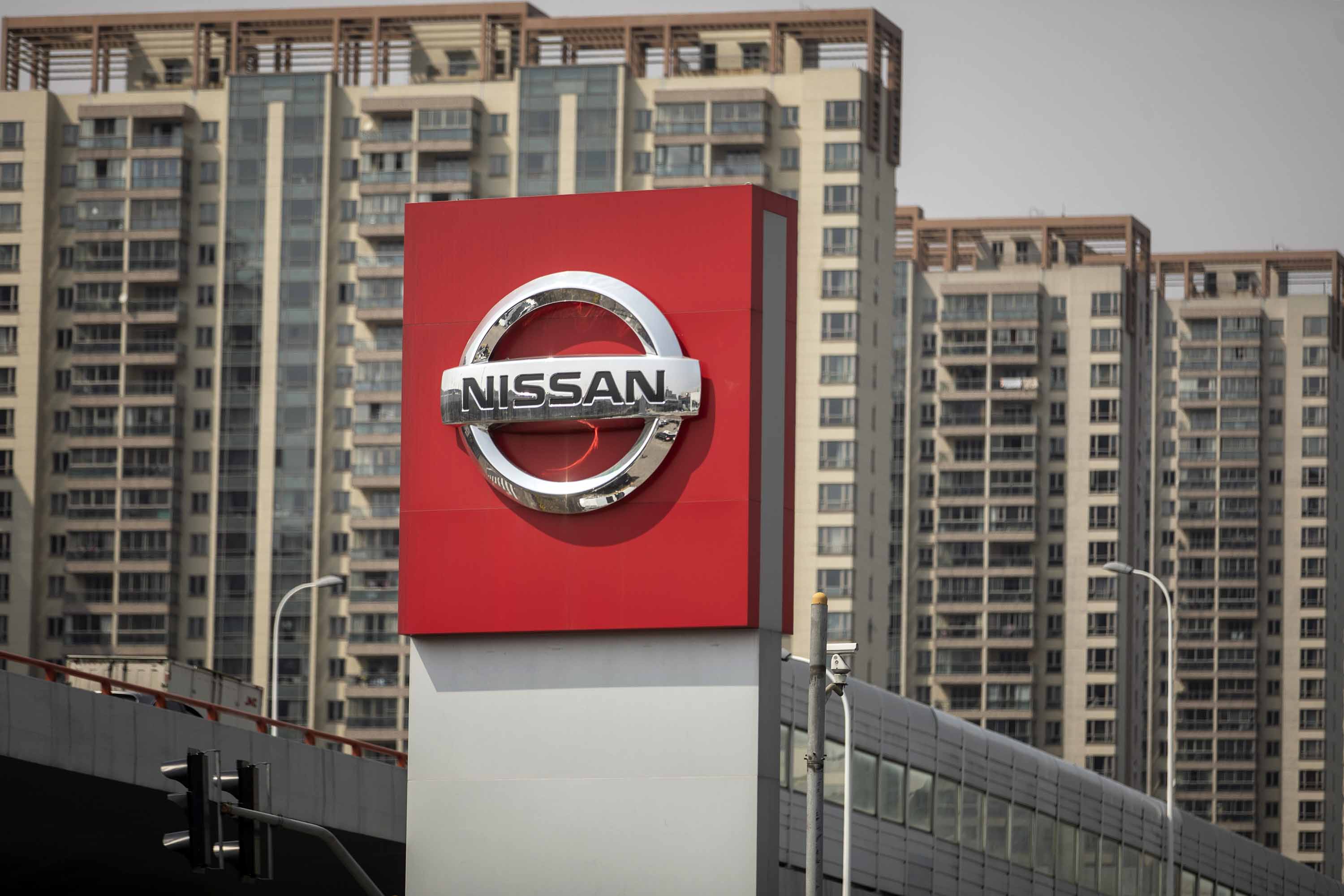 The Nissan Motor Co. logo is displayed at a car dealership in Shanghai, China, in March 2019.