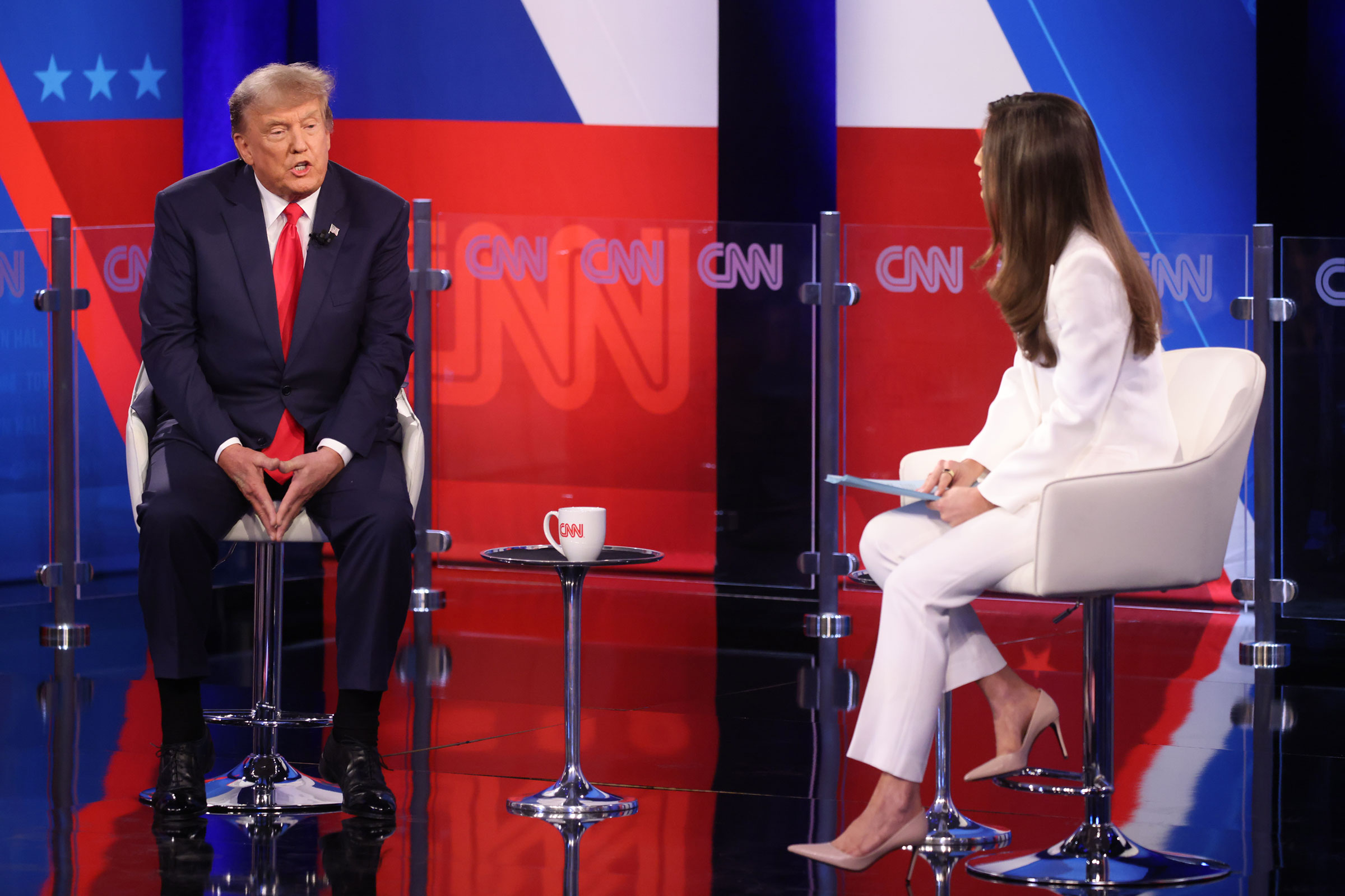 Former President Donald Trump participates in a CNN Republican Town Hall moderated by CNN’s Kaitlan Collins at St. Anselm College in Manchester, New Hampshire.