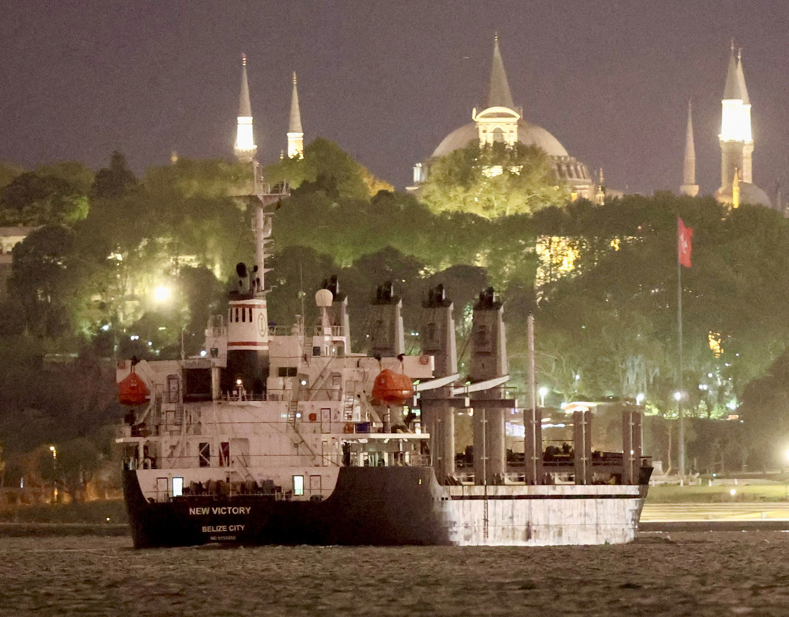 A ship carrying grain under the UN's Black Sea Grain Initiative transits the Bosphorus in Istanbul, Turkey, on May 12.