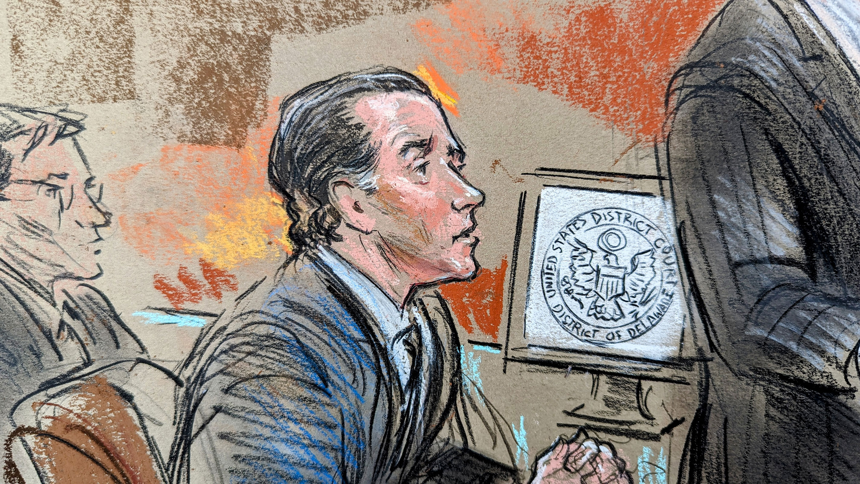 In this sketch from federal court, Hunter Biden attends a plea hearing on two misdemeanor charges of willfully failing to pay income taxes in Wilmington, Delaware, on July 26.