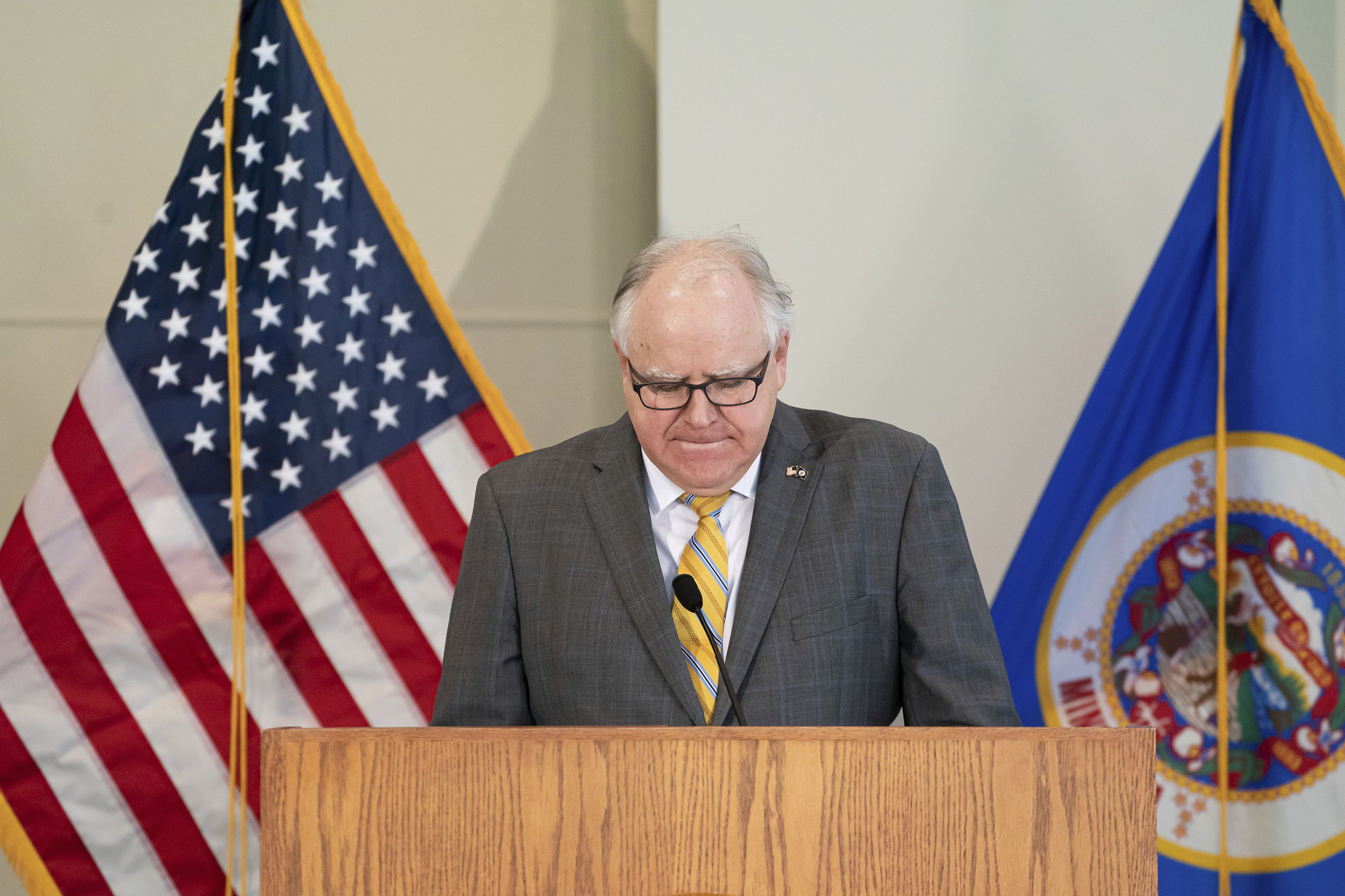 Minnesota Gov. Tim Walz pauses during a news conference in St. Paul, on Friday, May 29. 