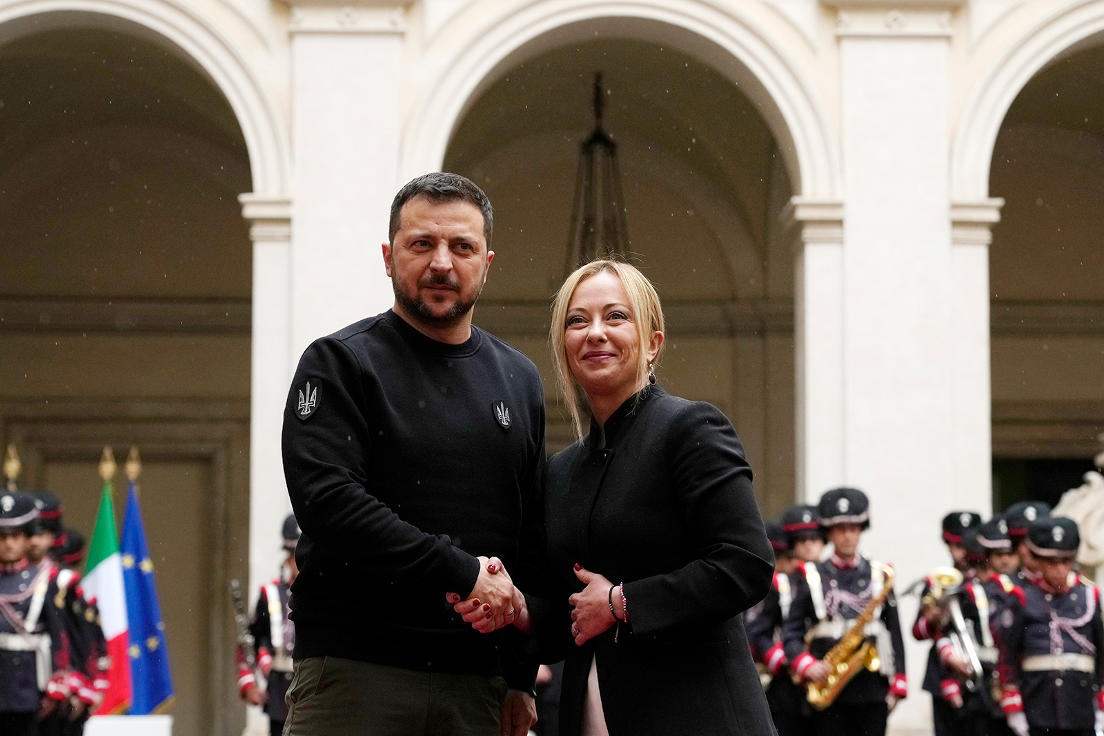 Ukrainian President Volodymyr Zelensky greets Italian Prime Minister Giorgia Meloni in Rome, on May 13. 