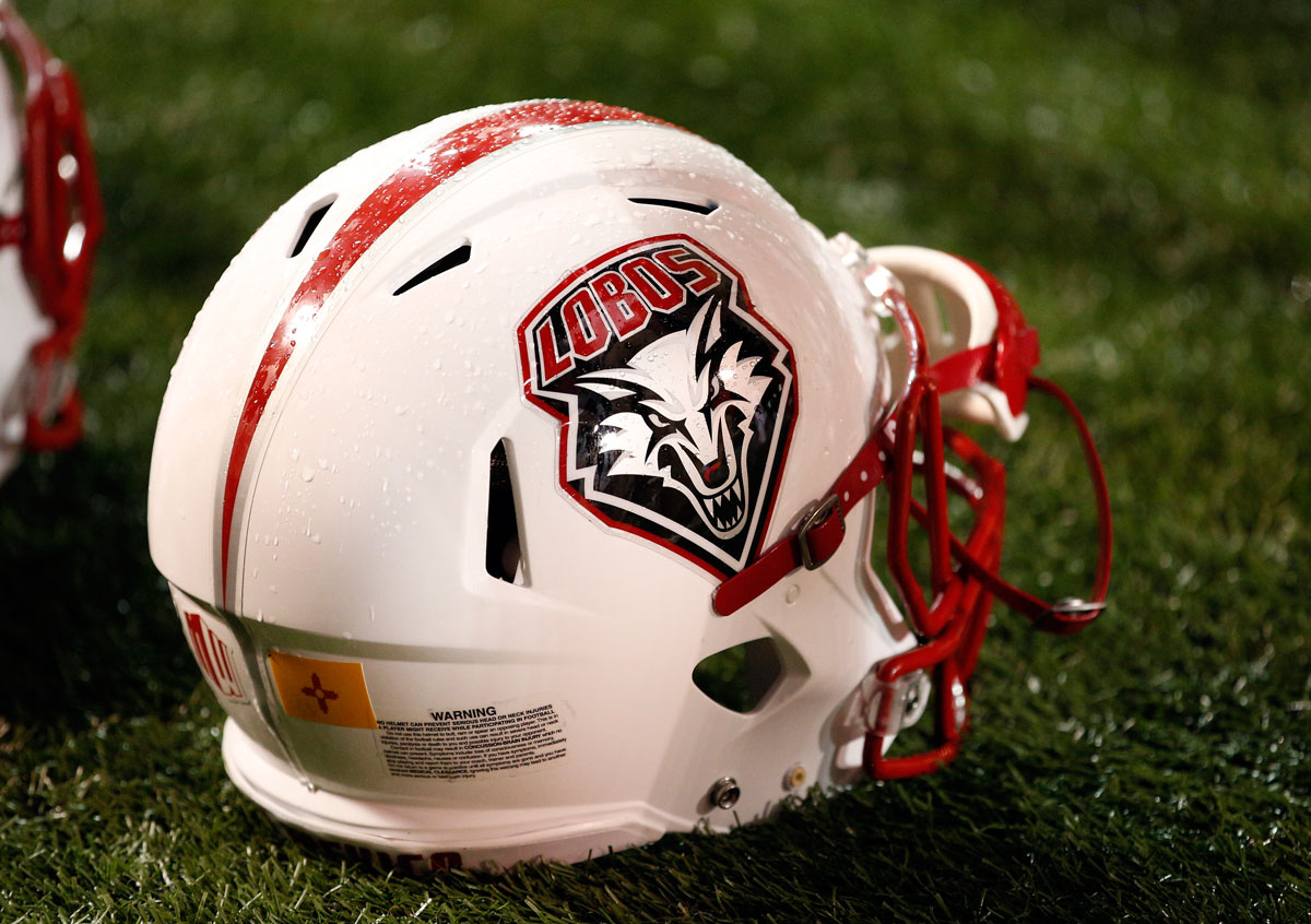 A helmet of the New Mexico Lobos is pictured during an NCAA college football game in Albuquerque, on Sep. 30, 2017.