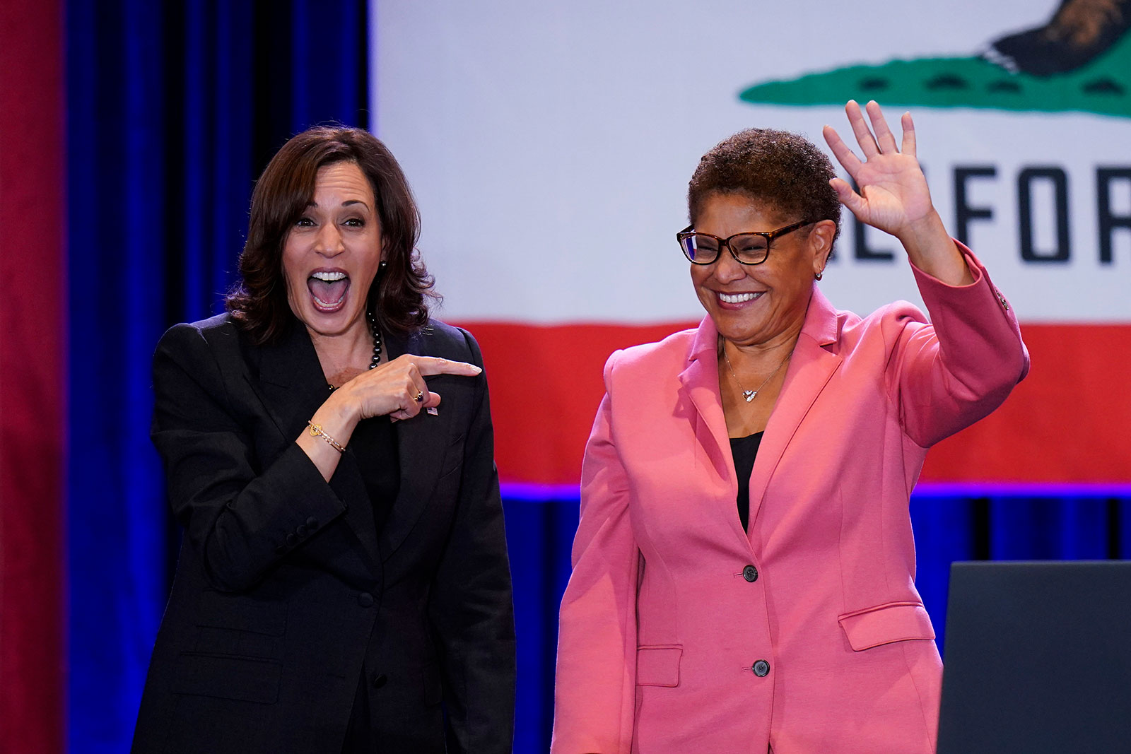 Vice President Kamala Harris appeared with Karen Bass astatine  a rally successful  Los Angeles connected  Monday. 