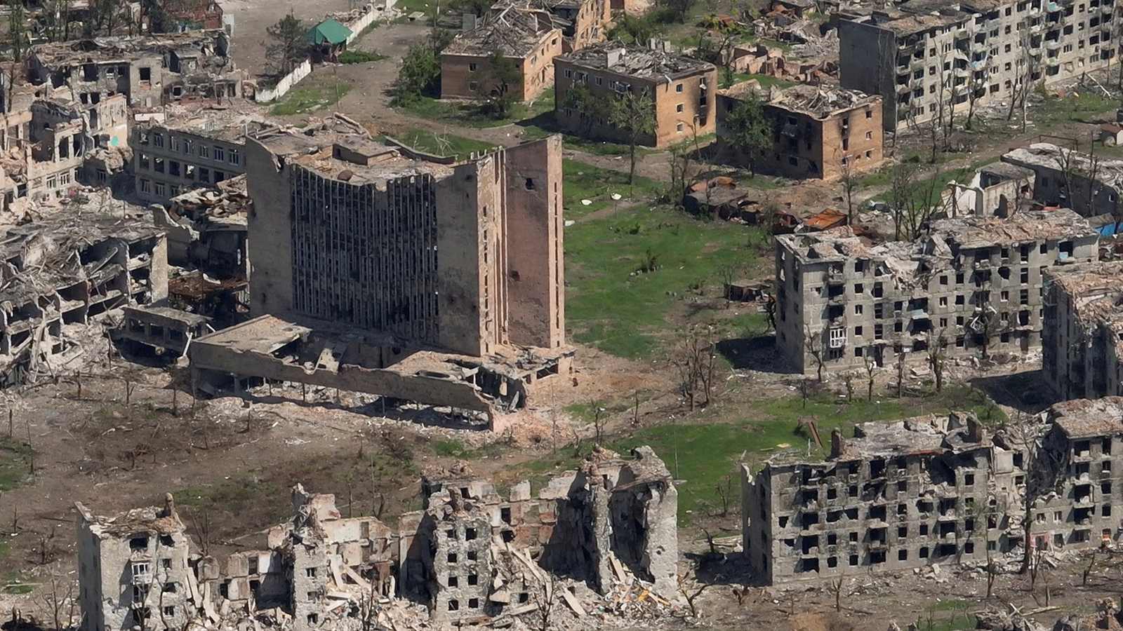 In this aerial view released on June 15, destroyed buildings are seeing in Bakhmut, Ukraine.
