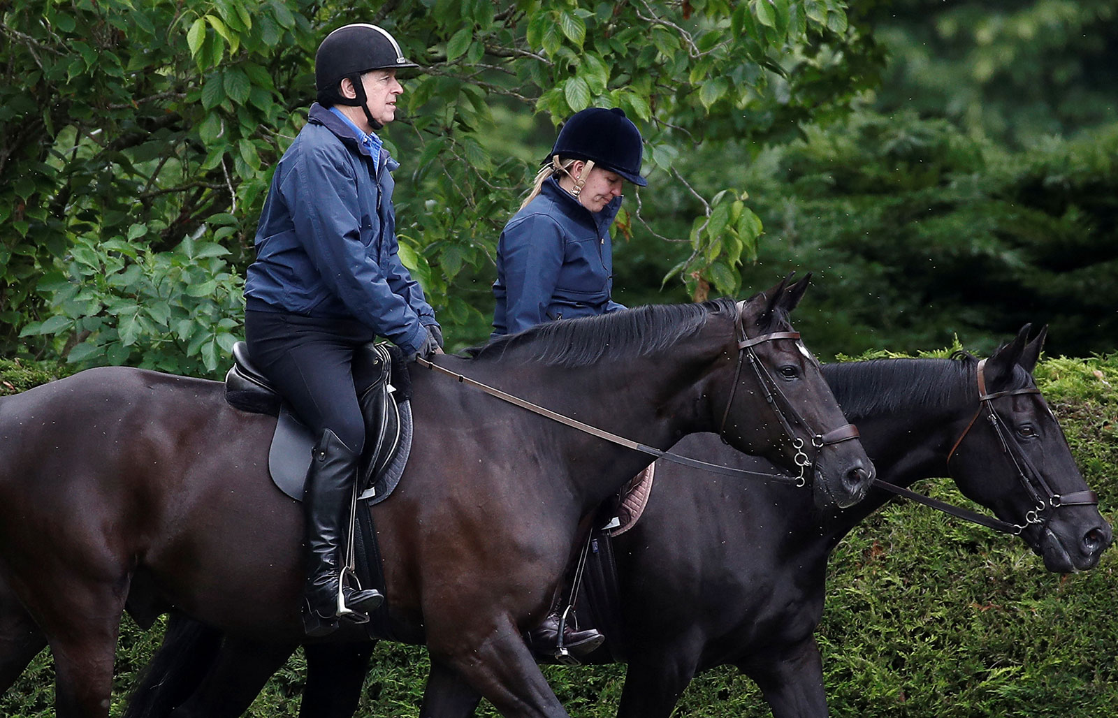 Britain's Prince Andrew rides a horse on the Royal Estate, in Windsor, Britain, on June 1.