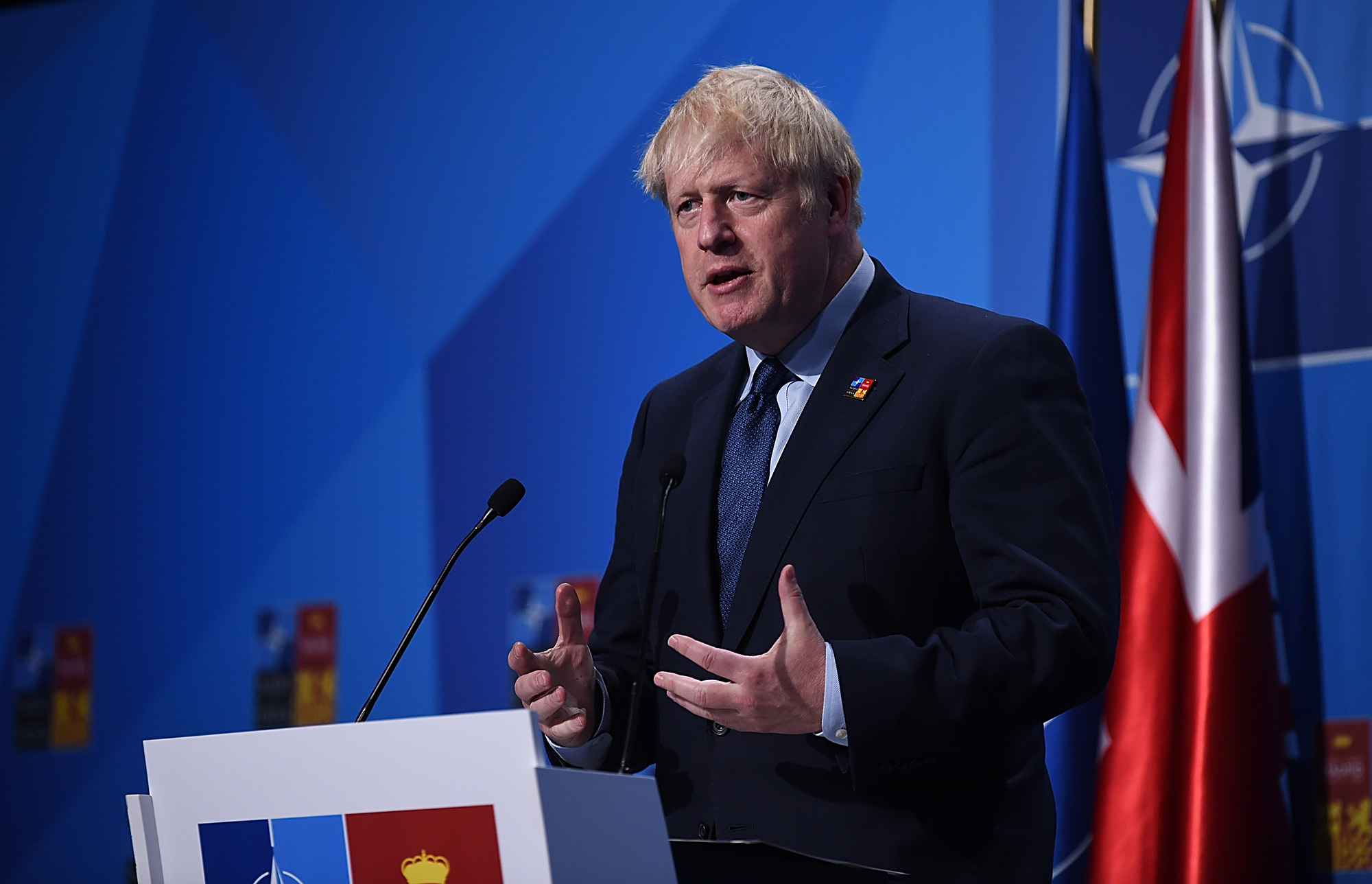 UK Prime Minister Boris Johnson holds a press conference at the NATO Summit in Madrid, Spain, on June 30.