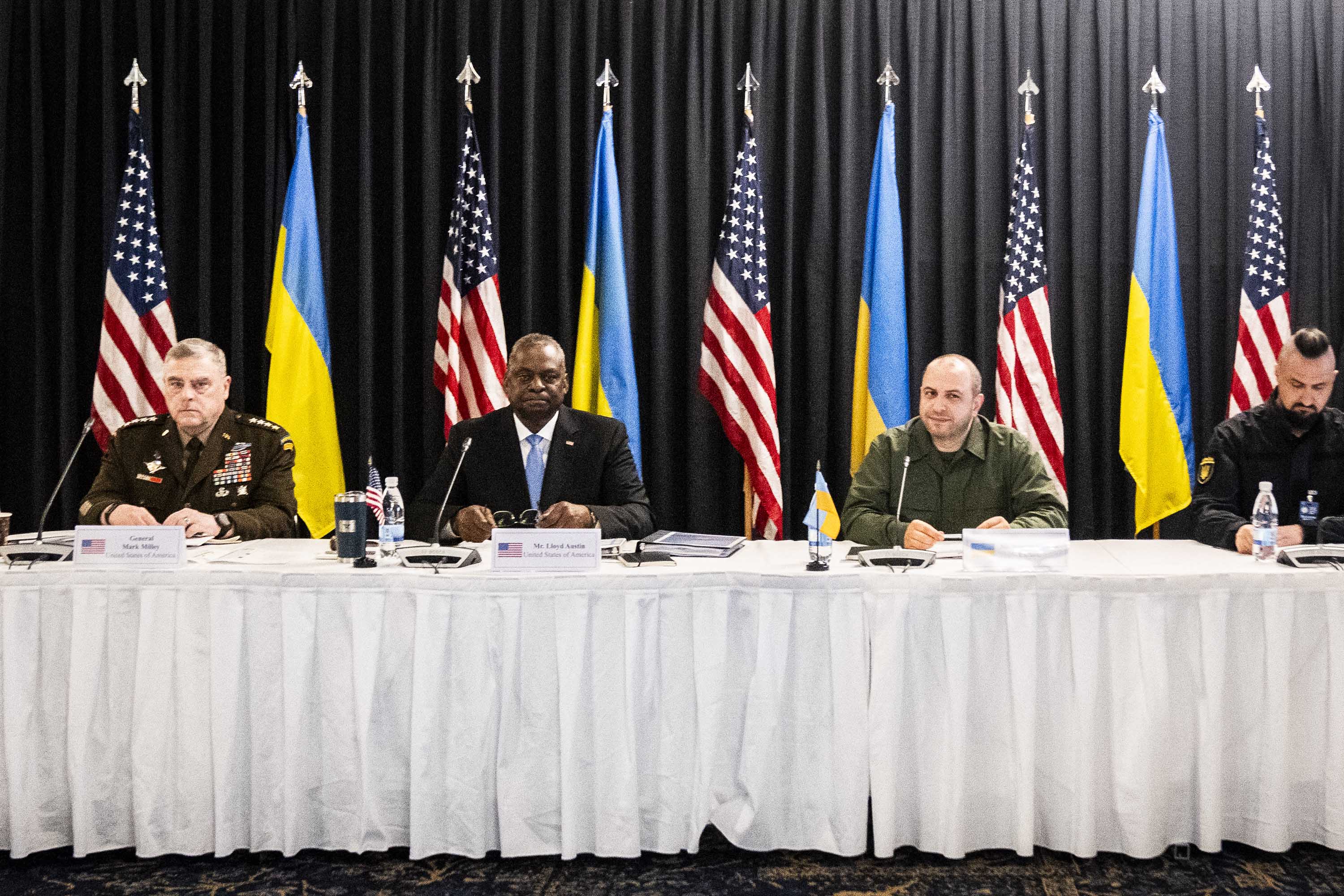 Chairman of the Joint Chiefs of Staff of the United States Army US General Mark Milley, US Secretary of Defence Lloyd Austin, and Ukraine's Defence Minister Rustem Umerov arrive for talks at Ramstein Air Base in Germany, on September 19.