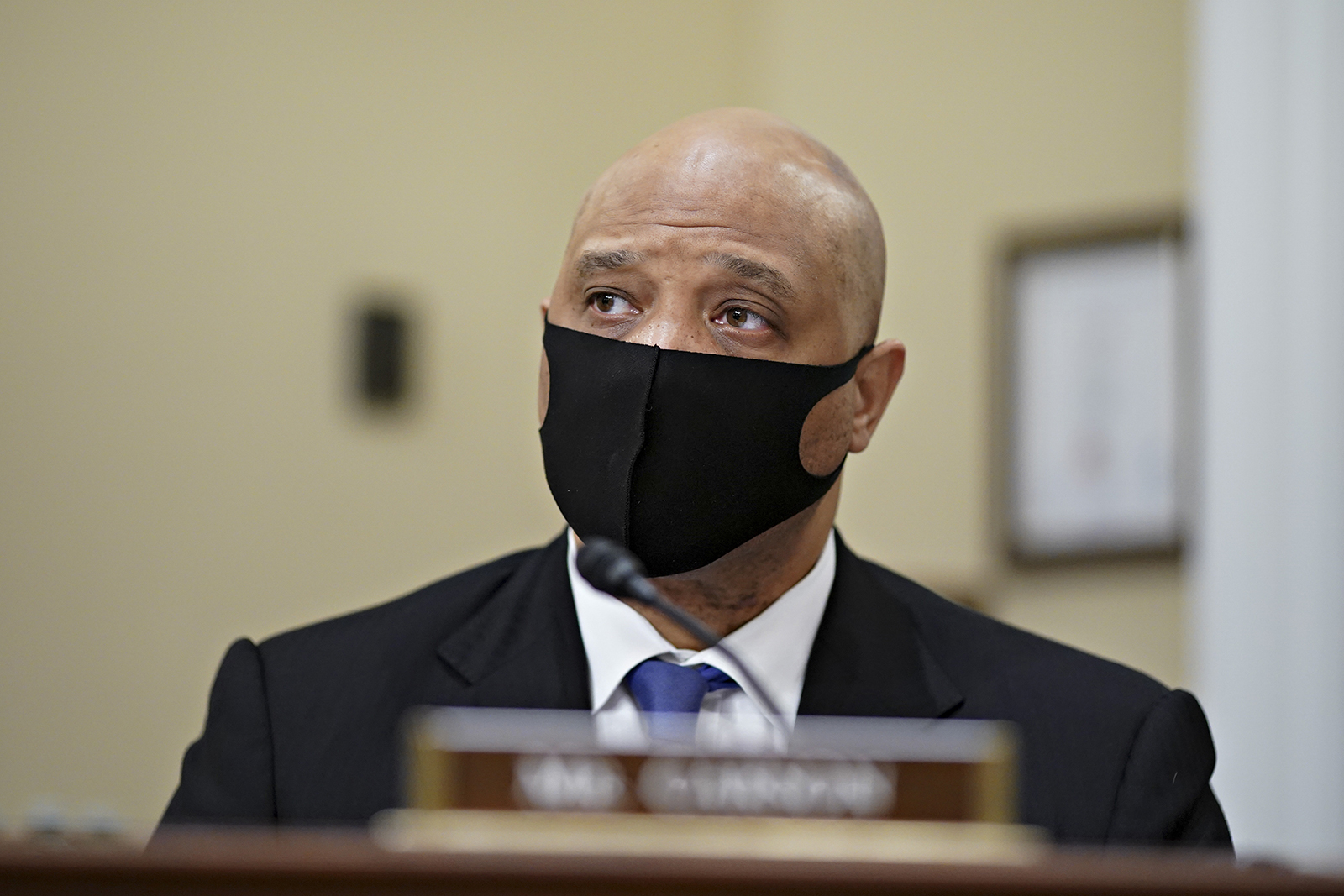 Rep. Andre Carson wears a protective mask during a House Intelligence Committee hearing in Washington, DC, on April 15.