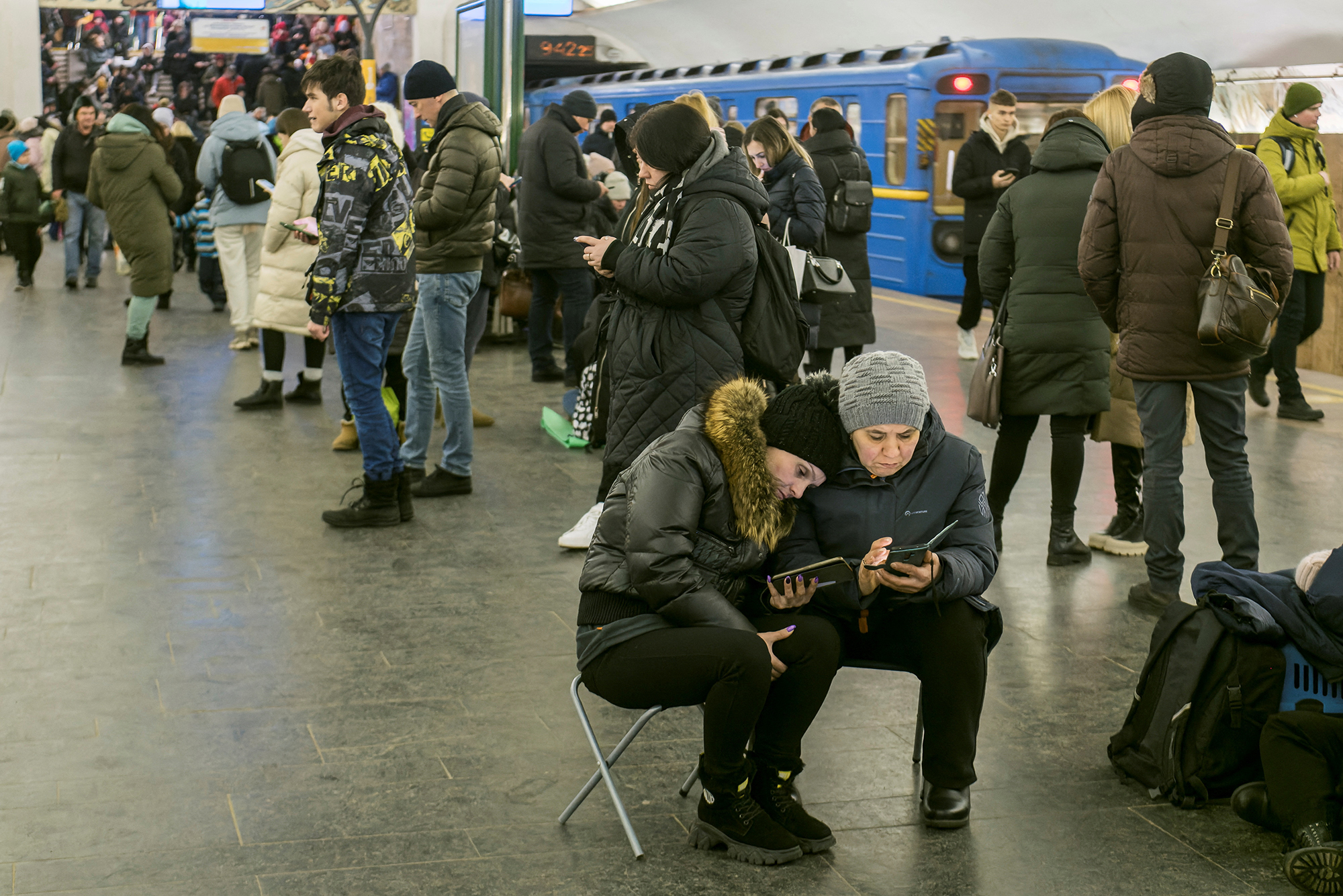 People take shelter inside a metro station in Kyiv, Ukraine, on February 10.