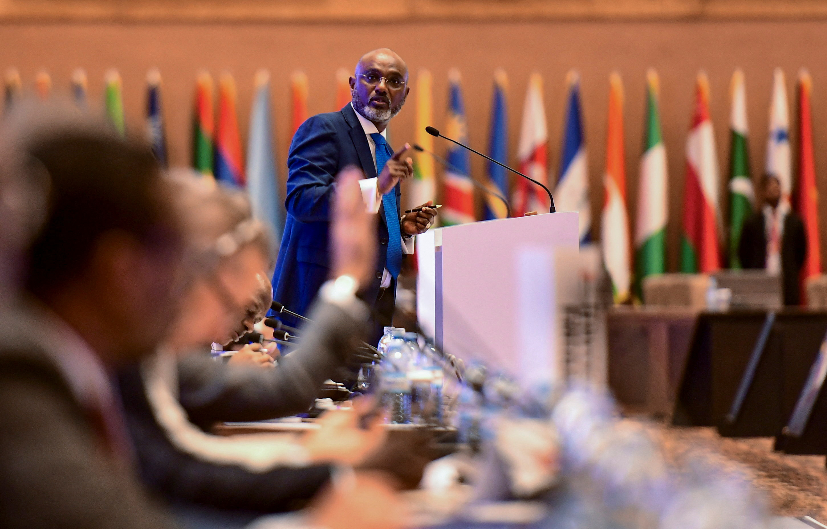 Adonia Ayebare speaks during the opening of the 19th Non-Aligned Movement (NAM) Summit in Kampala, Uganda on January 15, 2024.